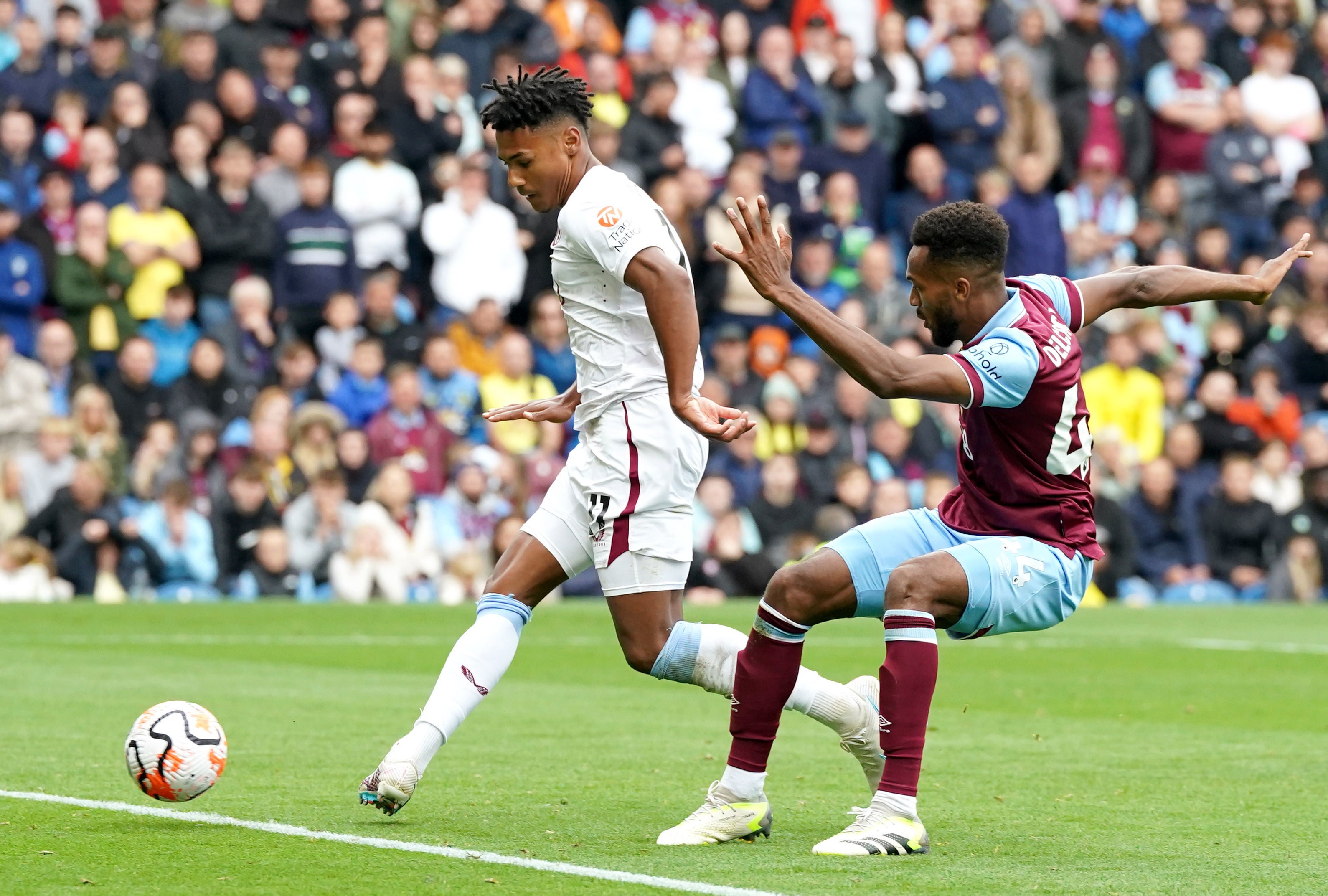 Aston Villa's Ollie Watkins has a shot at goal during the Premier League match at Turf Moor, Burnley.