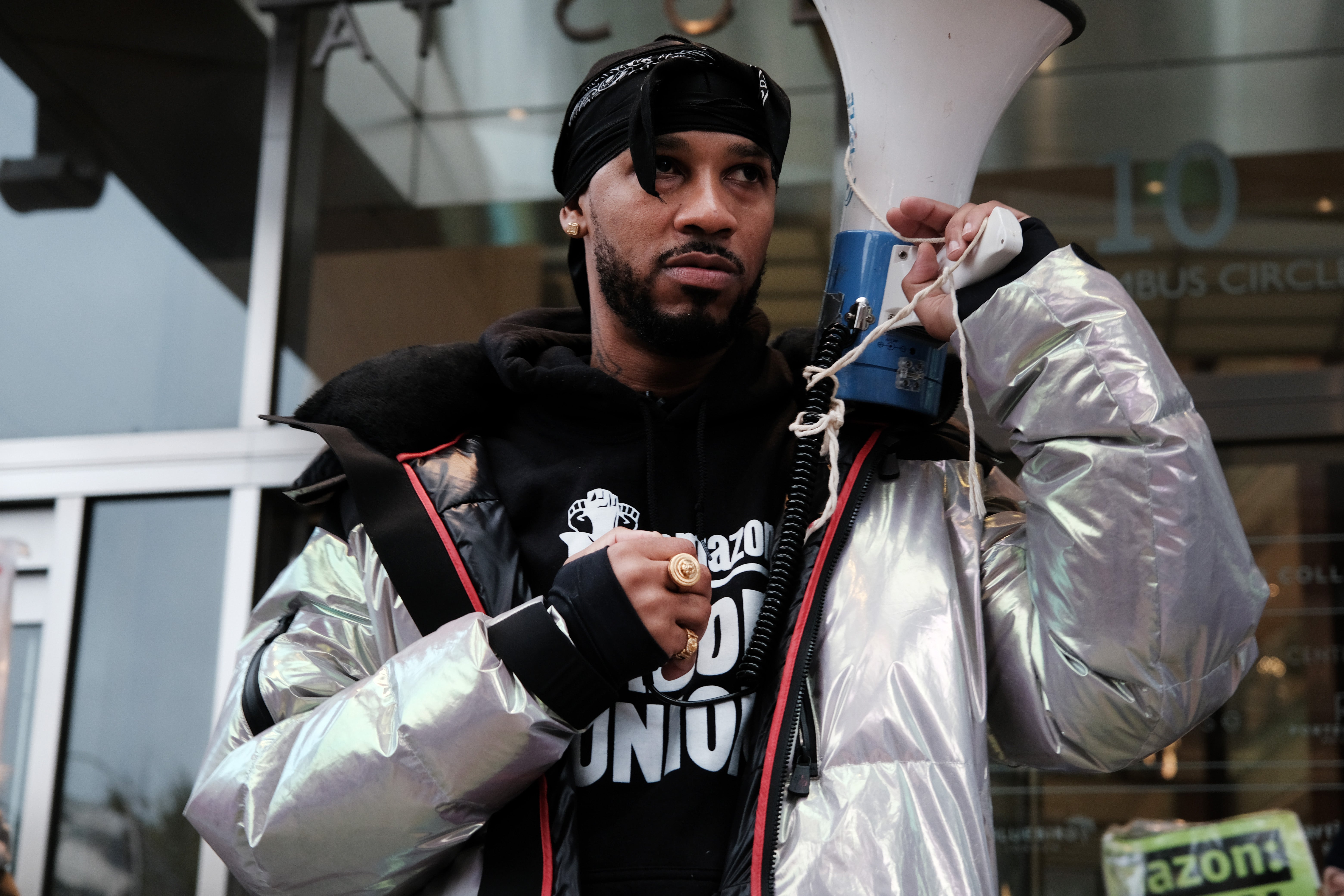 Chris Smalls at a labour protest at the New York Times Deal Book Summit