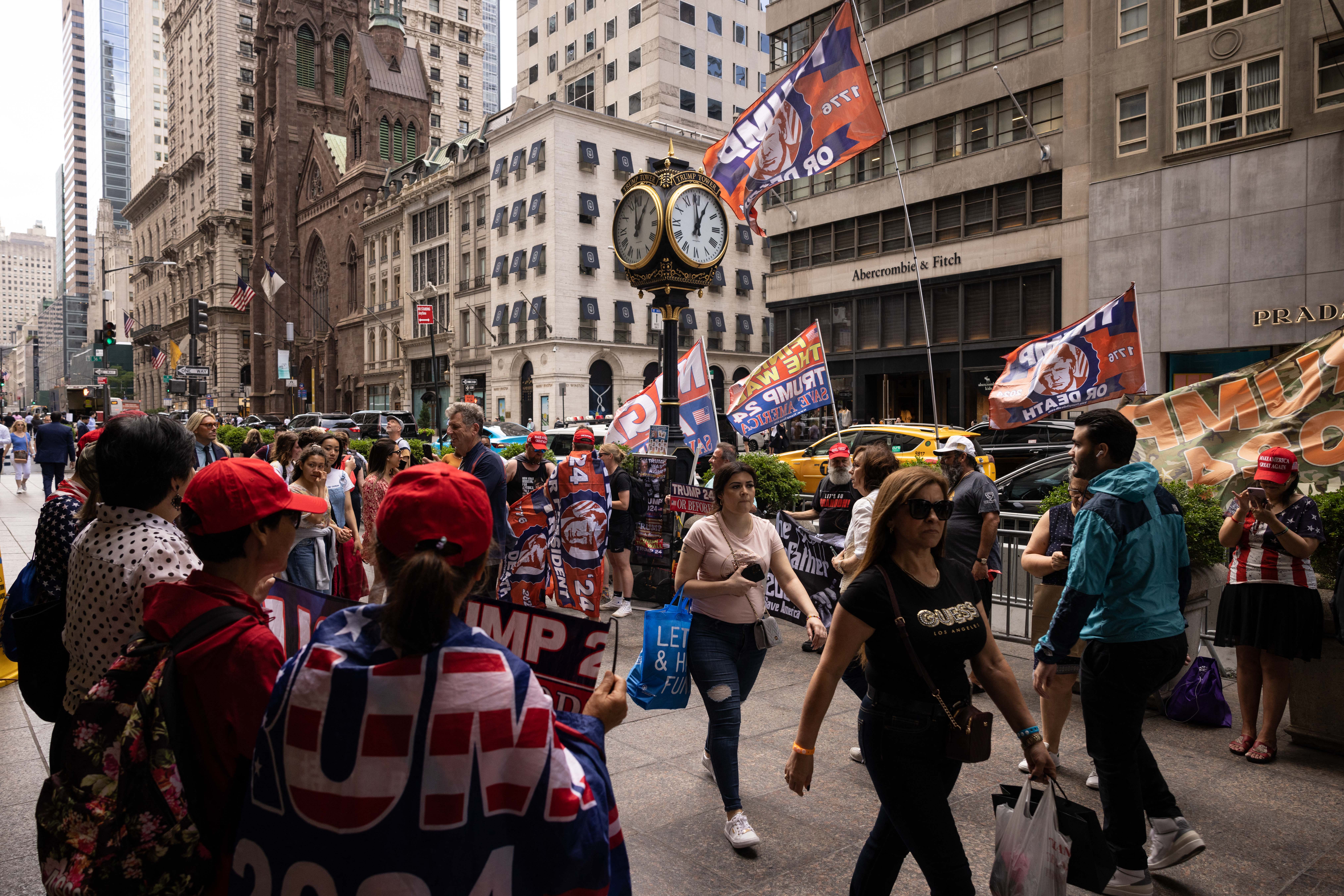 A clock outside Trump Tower in New York City, seen during a protest in support of the former president in June 2023