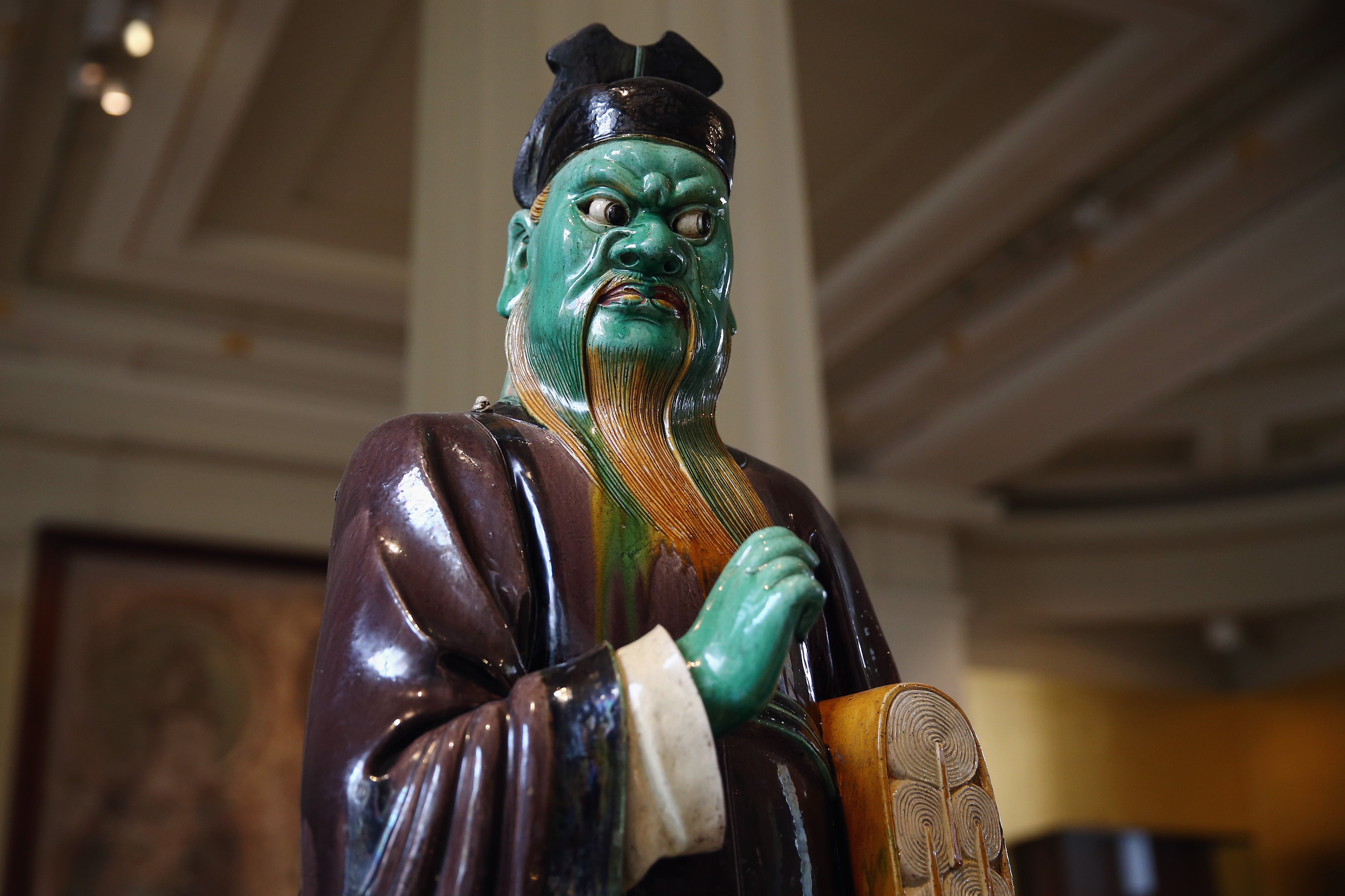 A Ming dynasty stoneware figure displayed at the British Museum