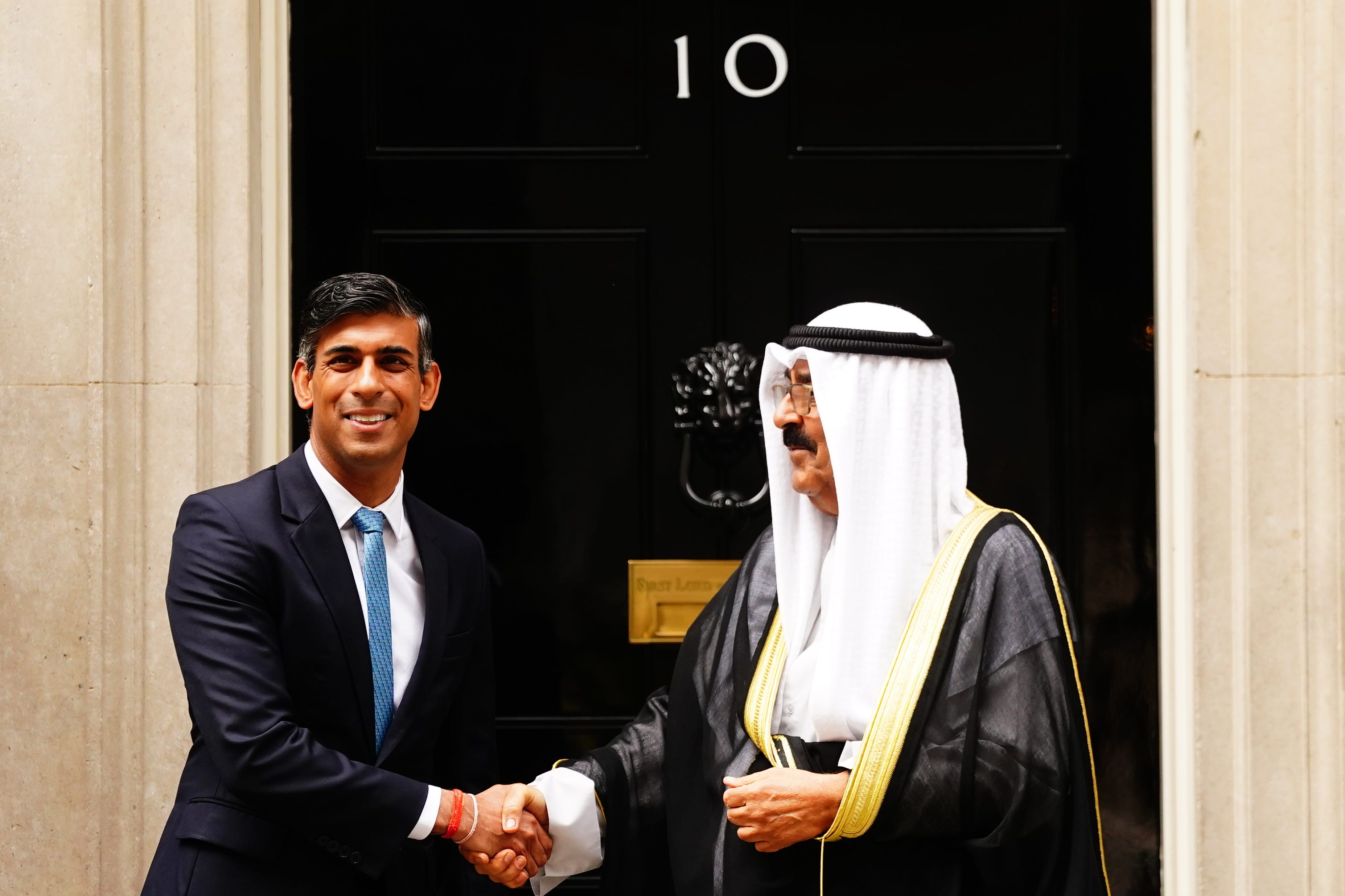 Prime Minister Rishi Sunak greets Crown Prince of Kuwait, Sheikh Meshal Al-Ahmad Al-Jaber Al-Sabah, outside 10 Downing Street (Victoria Jones/PA)