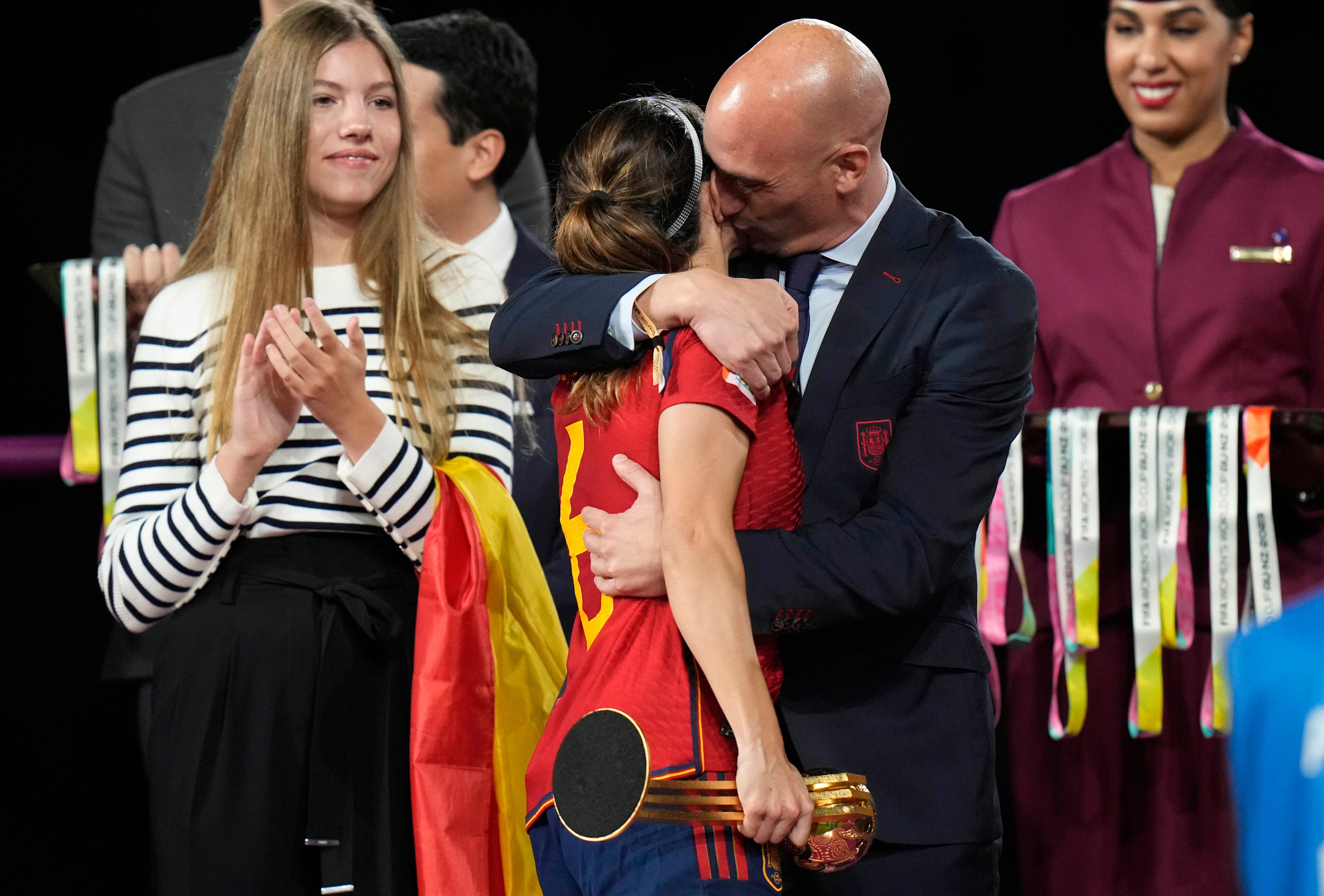 Luis Rubiales embraces and kisses Spanish star Aitana Bonmati