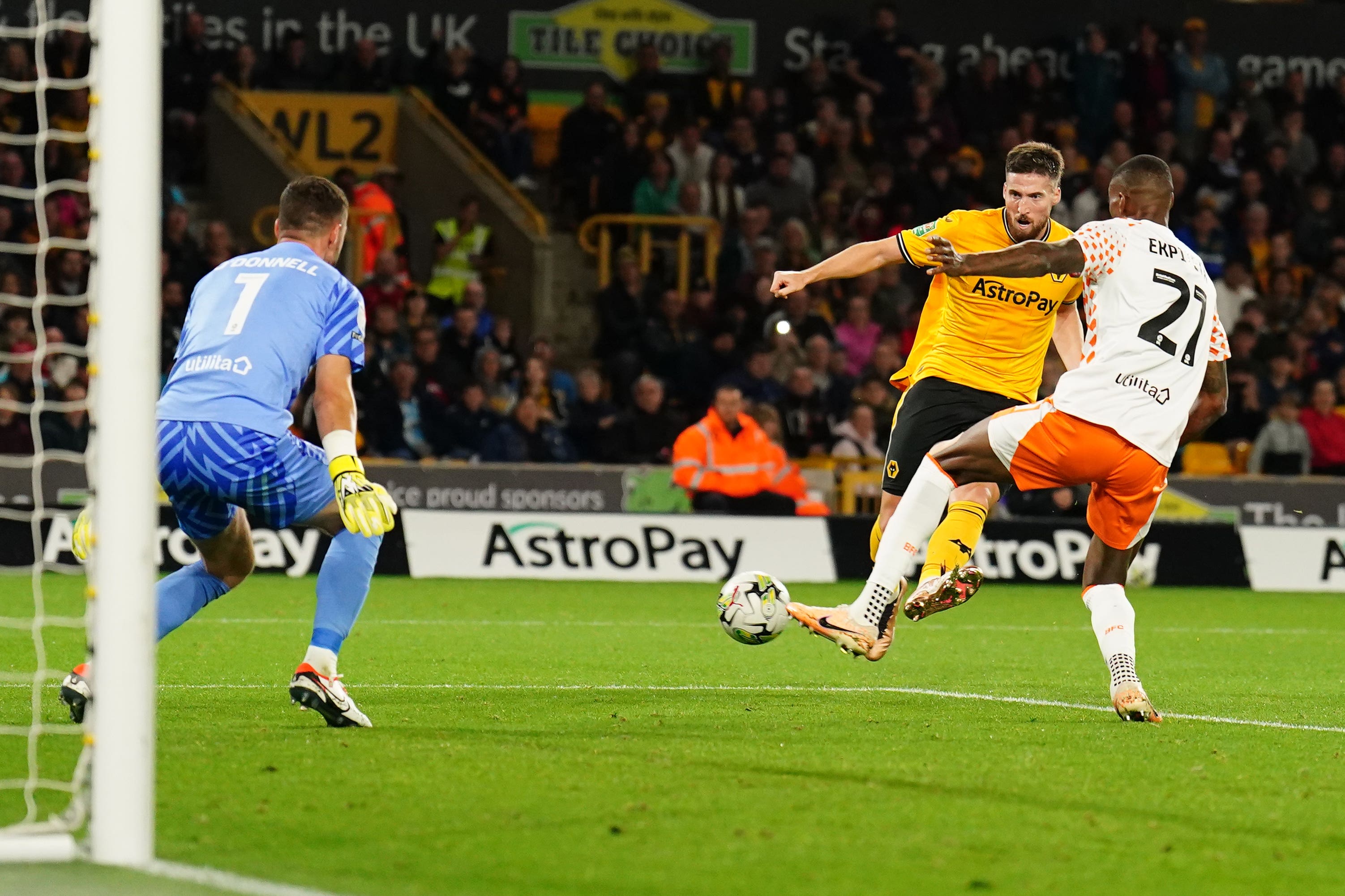 Matt Doherty (centre) scores Wolves’ fourth (Mike Egerton/PA)