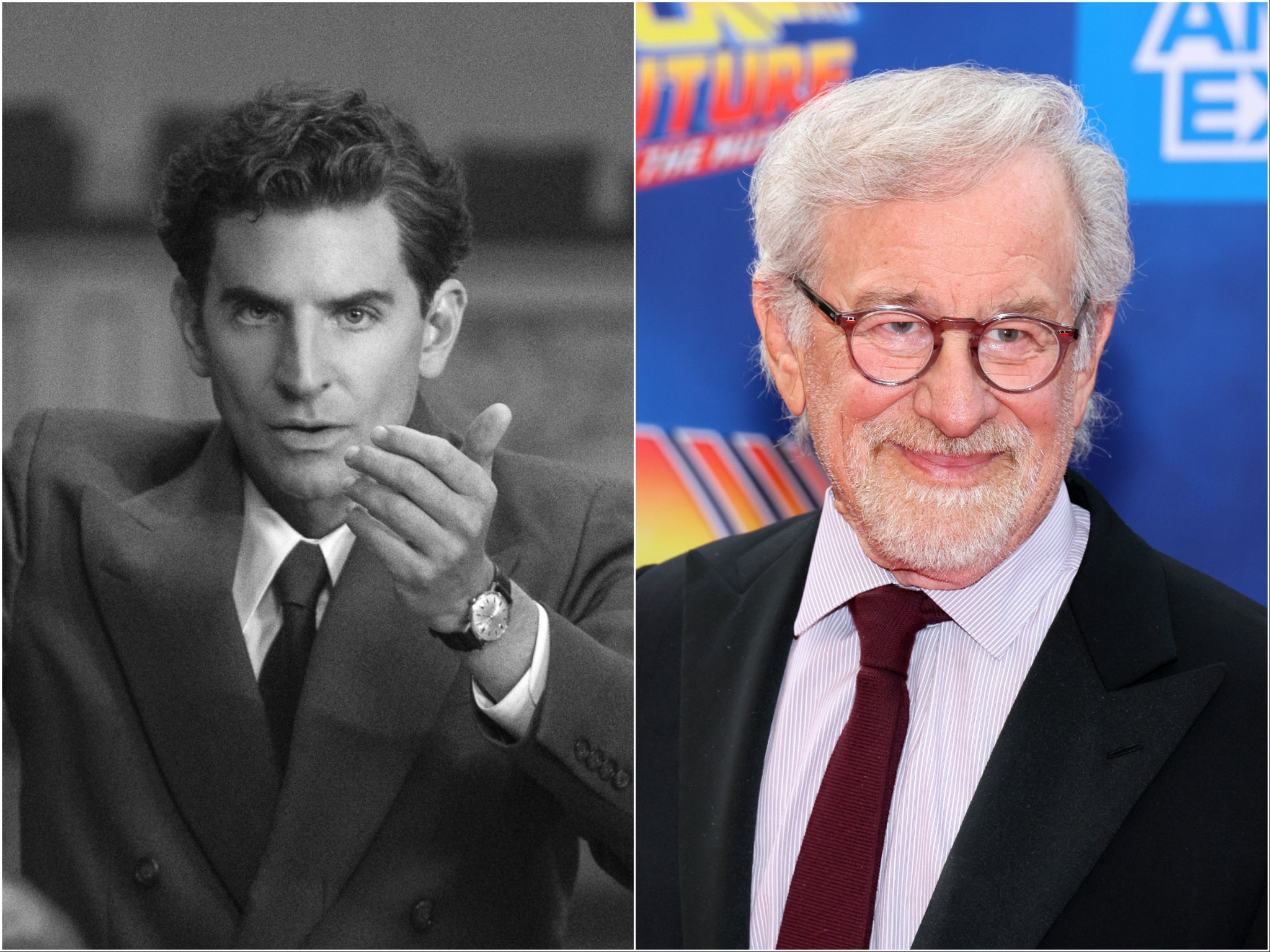 Bradley Cooper in ‘Maestro’ (left) and Steven Spielberg