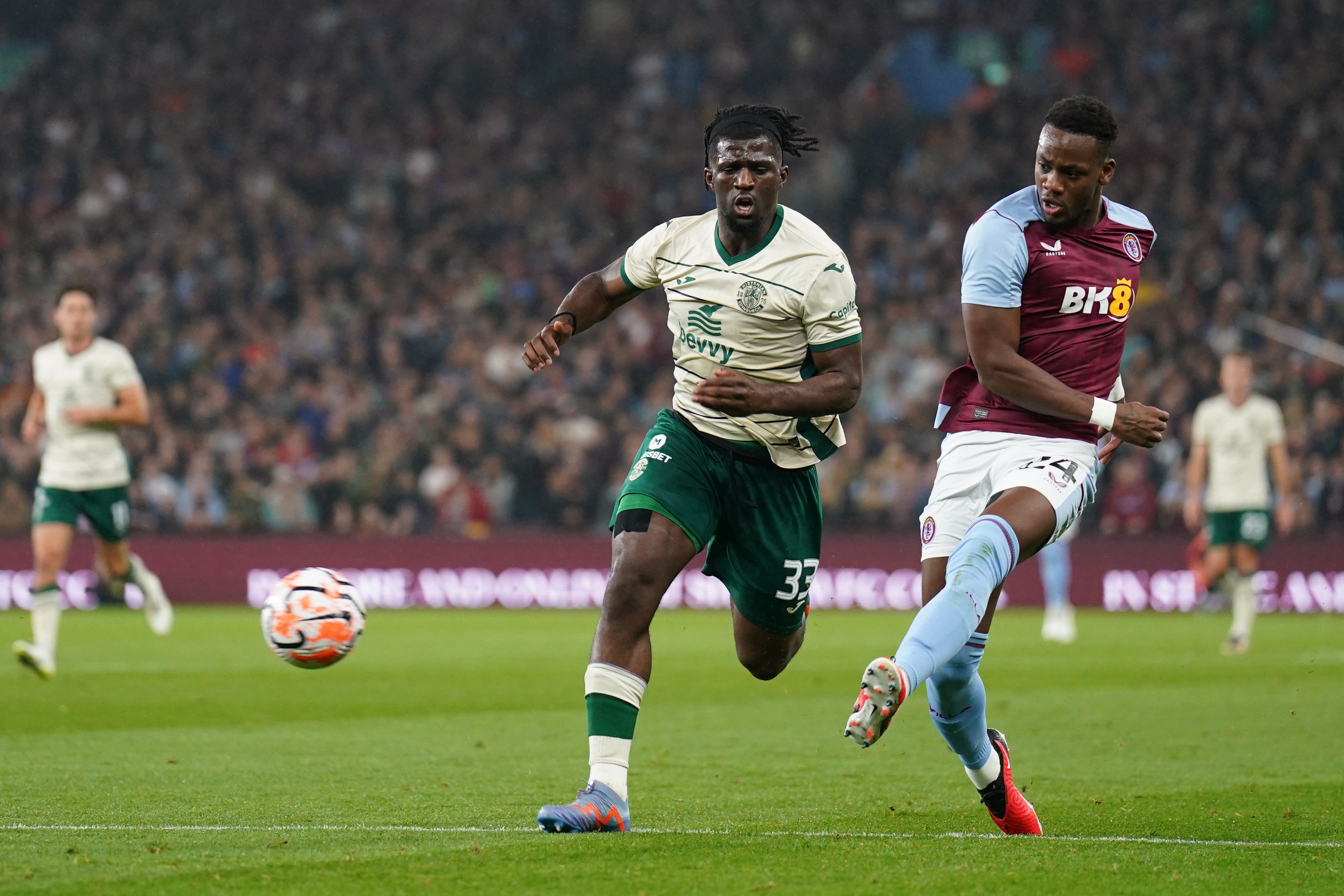 Aston Villa’s Jhon Duran, right, fired his side into an early lead against Hibernian at Villa Park on Thursday night (Joe Giddens/PA)