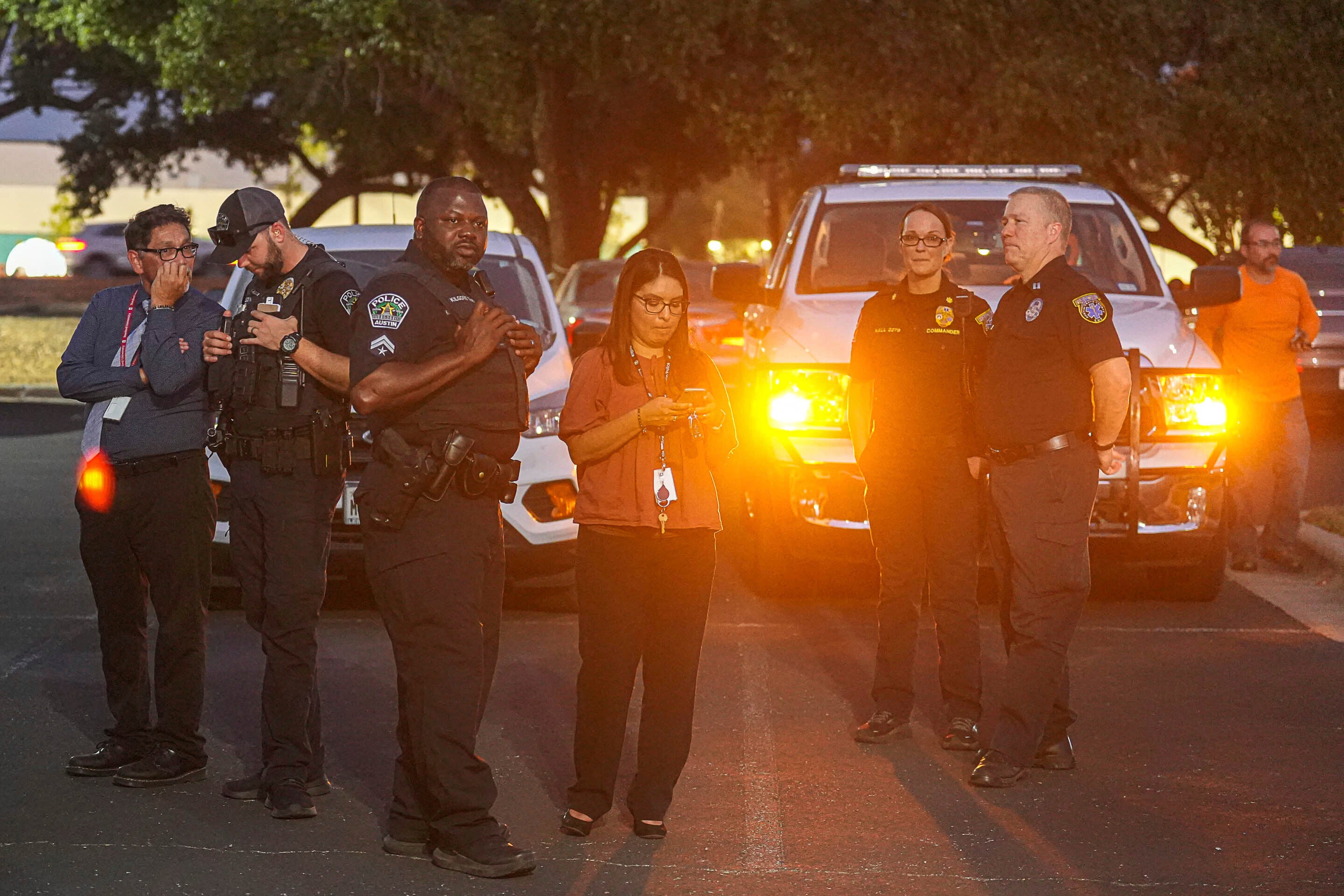 Austin police and EMS meet at the Great Hills Baptist Church for a media briefing on Thursday, 31 August, 2023, in Austin, Texas.