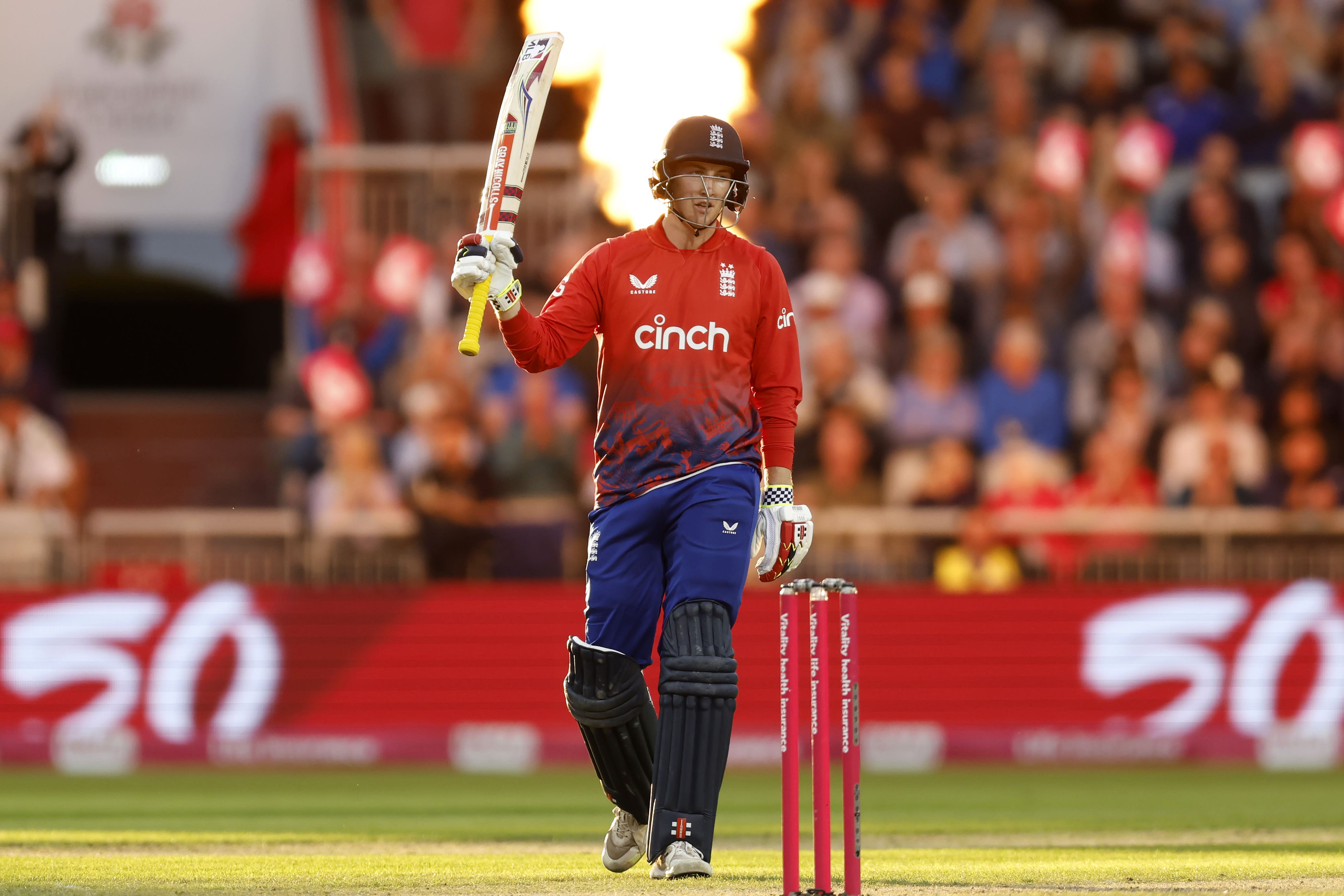 Harry Brook celebrated his fifty in England’s crushing win over New Zealand at Old Trafford (Nigel French/PA)