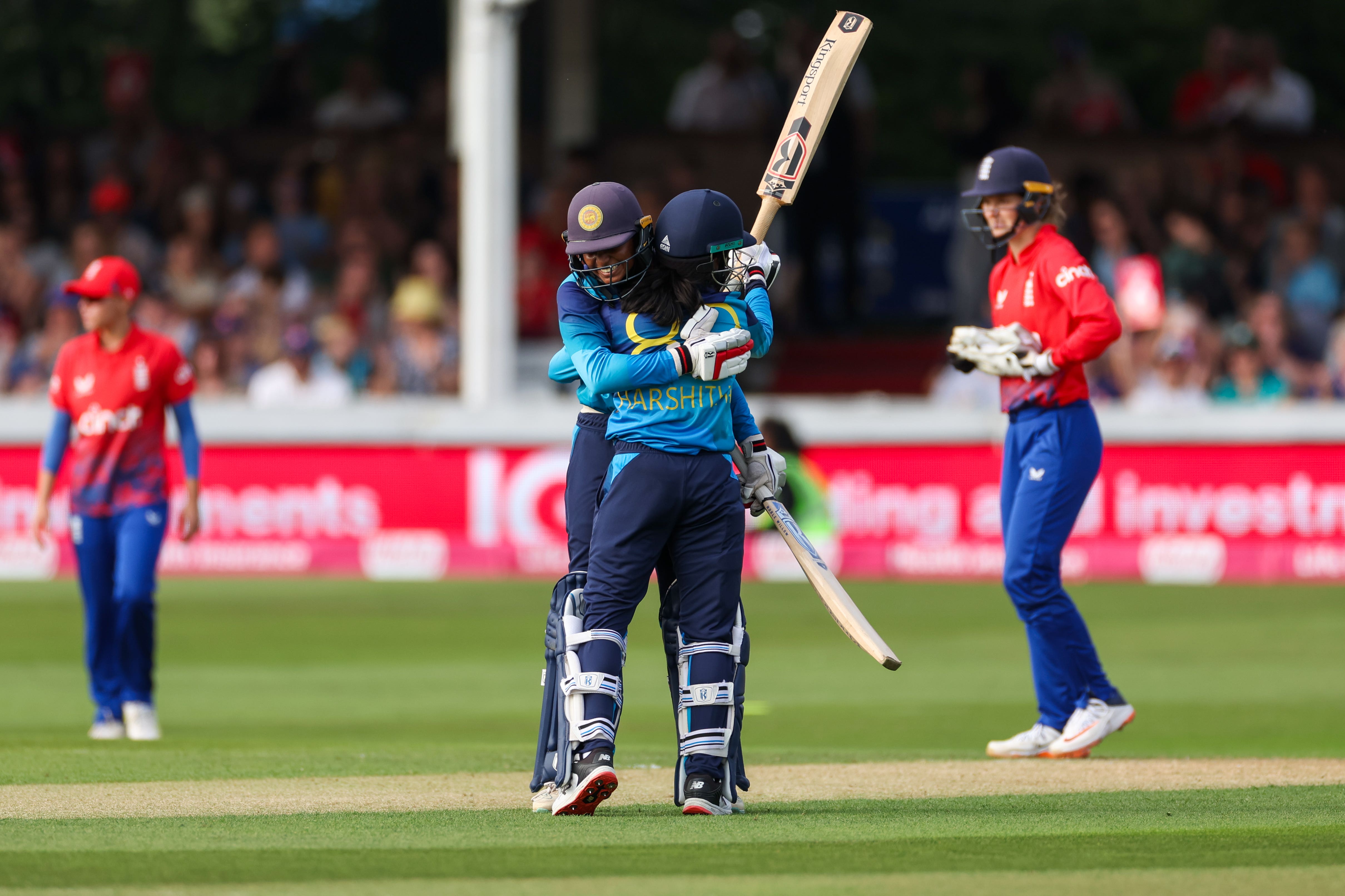 Sri Lanka’s Harshitha Samarawickrama (second right) and Vishmi Gunaratne (second left) celebrate winning the second women’s IT20 match at The Cloud County Ground, Chelmsford. (Bradley Collyer/PA)