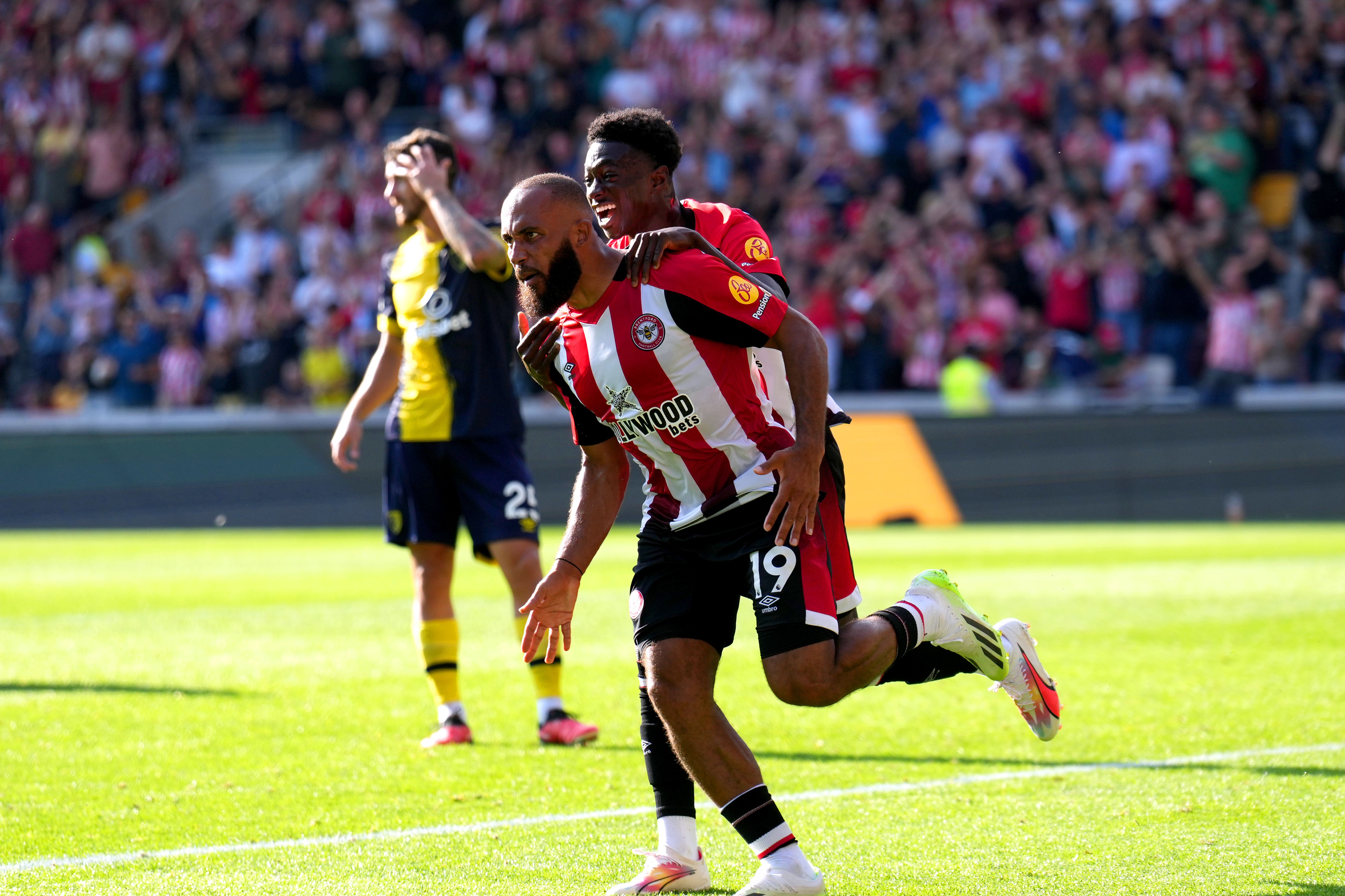 Brentford’s Bryan Mbeumo, nearest camera, celebrates the late equaliser (John Walton/PA)