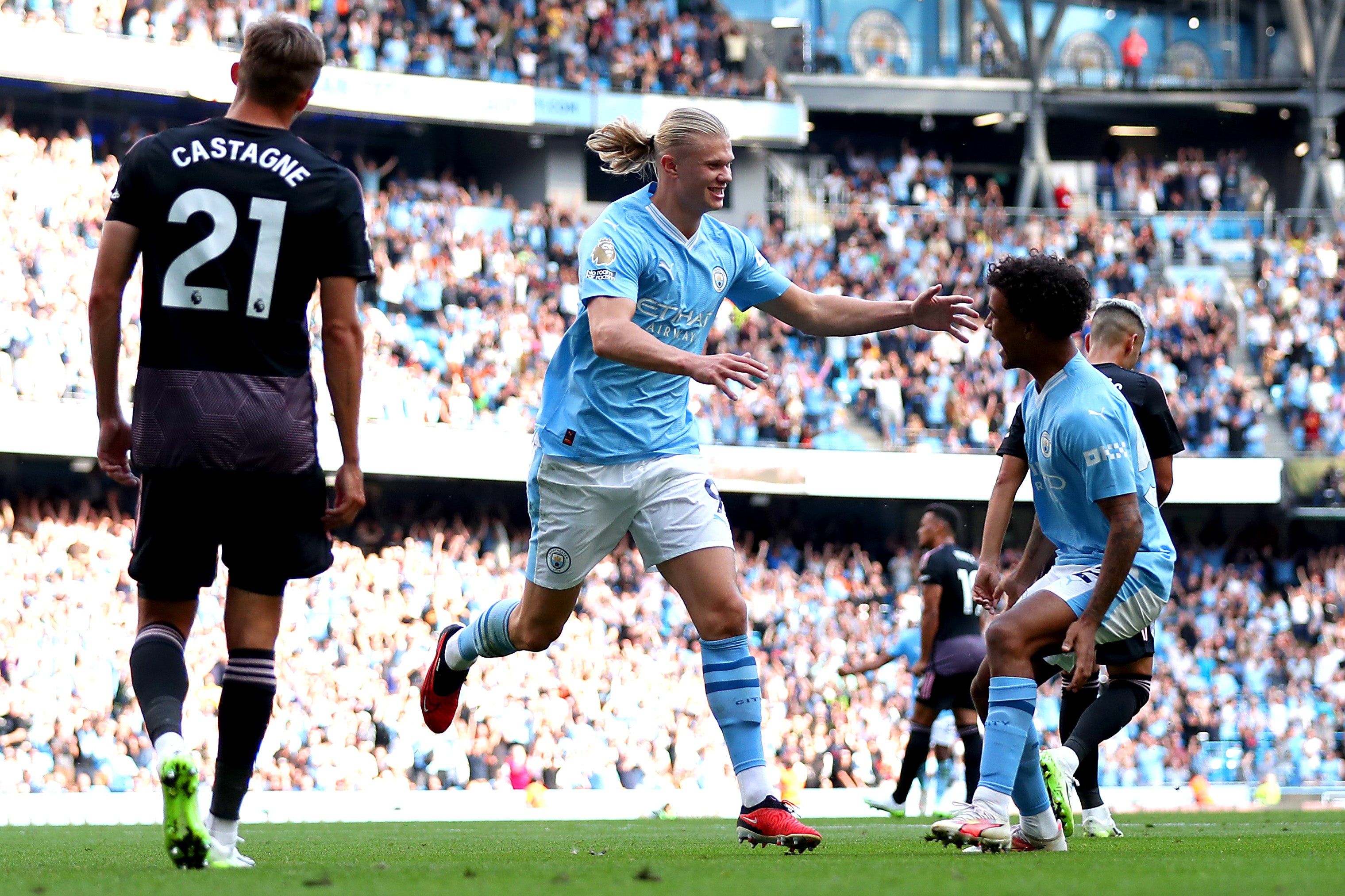 Haaland celebrates after scoring his third goal, taking the score to 5-1