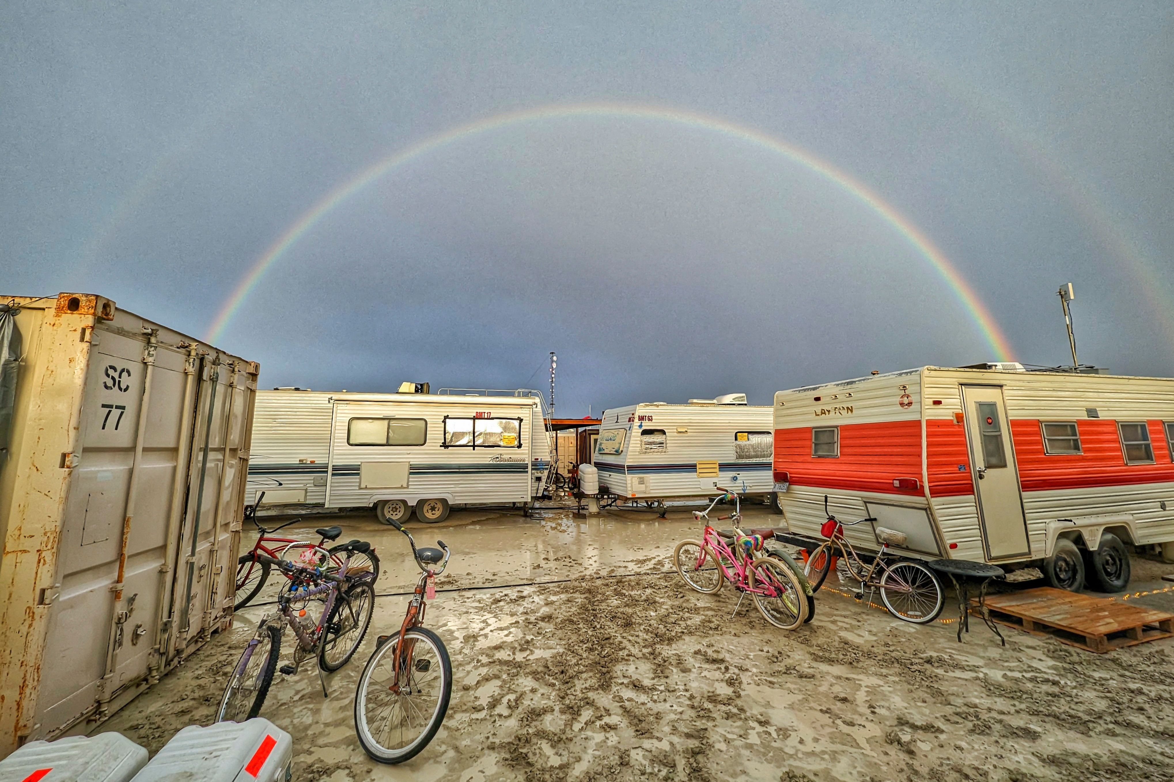 A double rainbow over the flooded Burning Man site