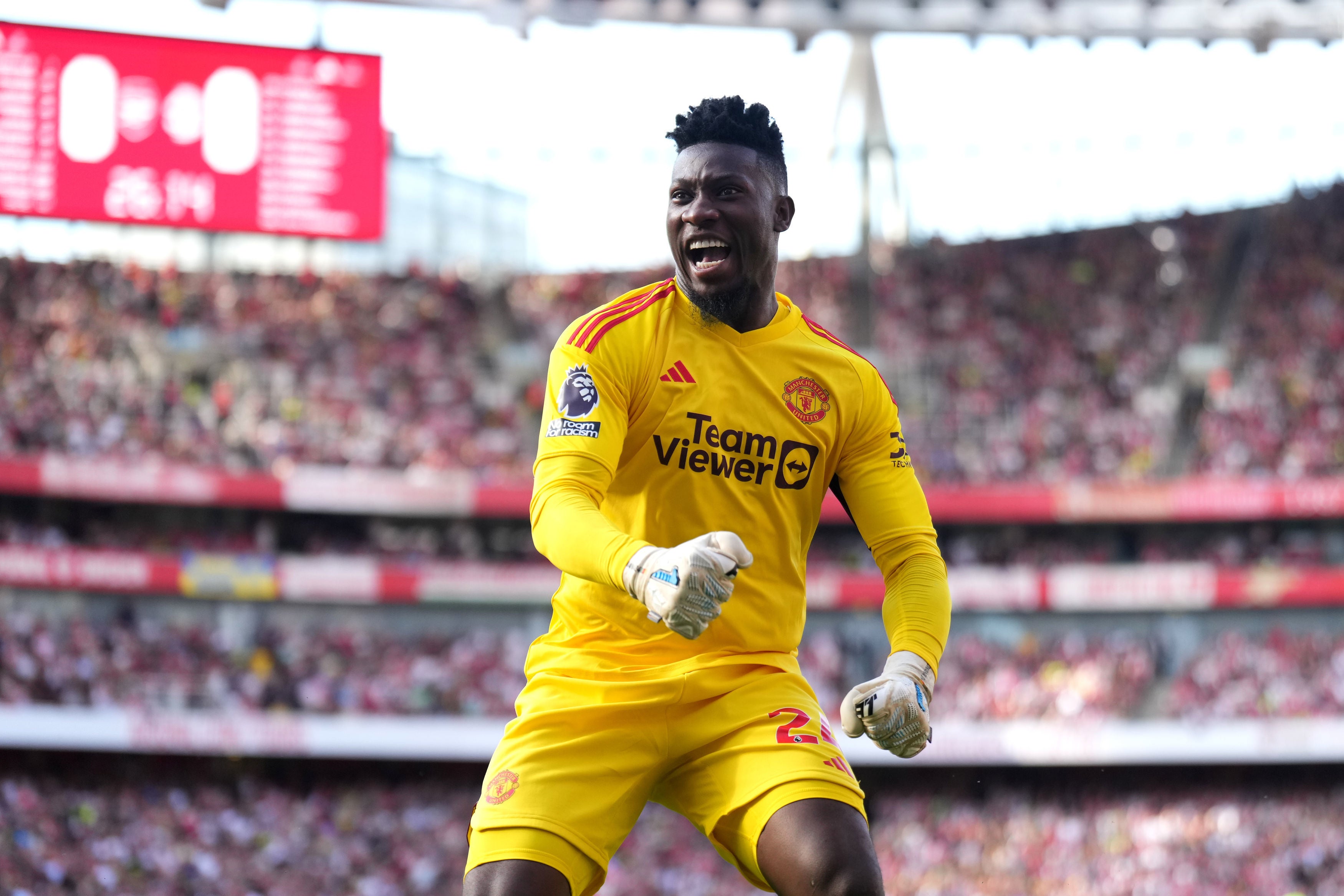 Andre Onana celebrates Manchester United’s opening goal at Arsenal on Sunday