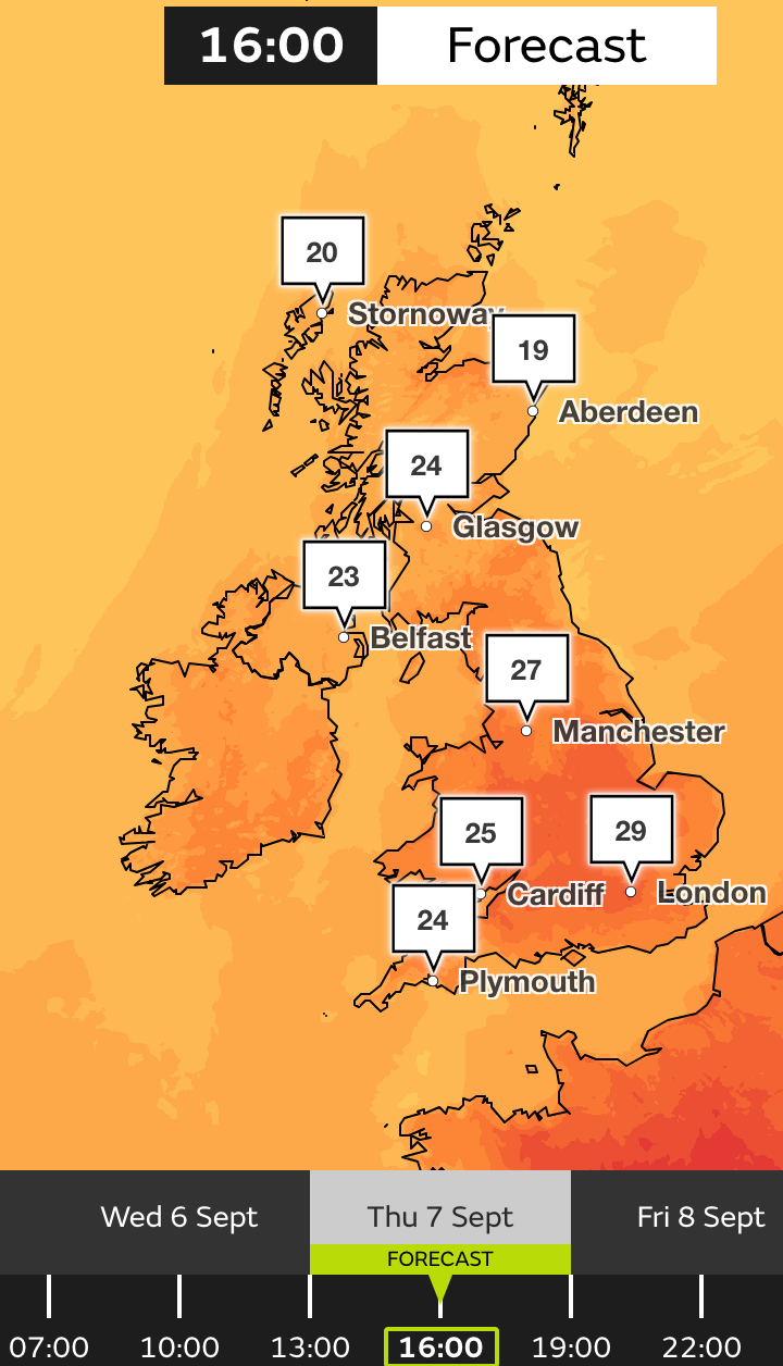 Wednesday and Thursday will see Cardiff settle at 24C and 25C respectively