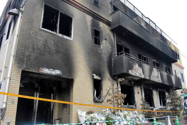 A general overview of the Kyoto Animation studio building hit by a fire killing dozens of people, in Kyoto on 20 July 2019