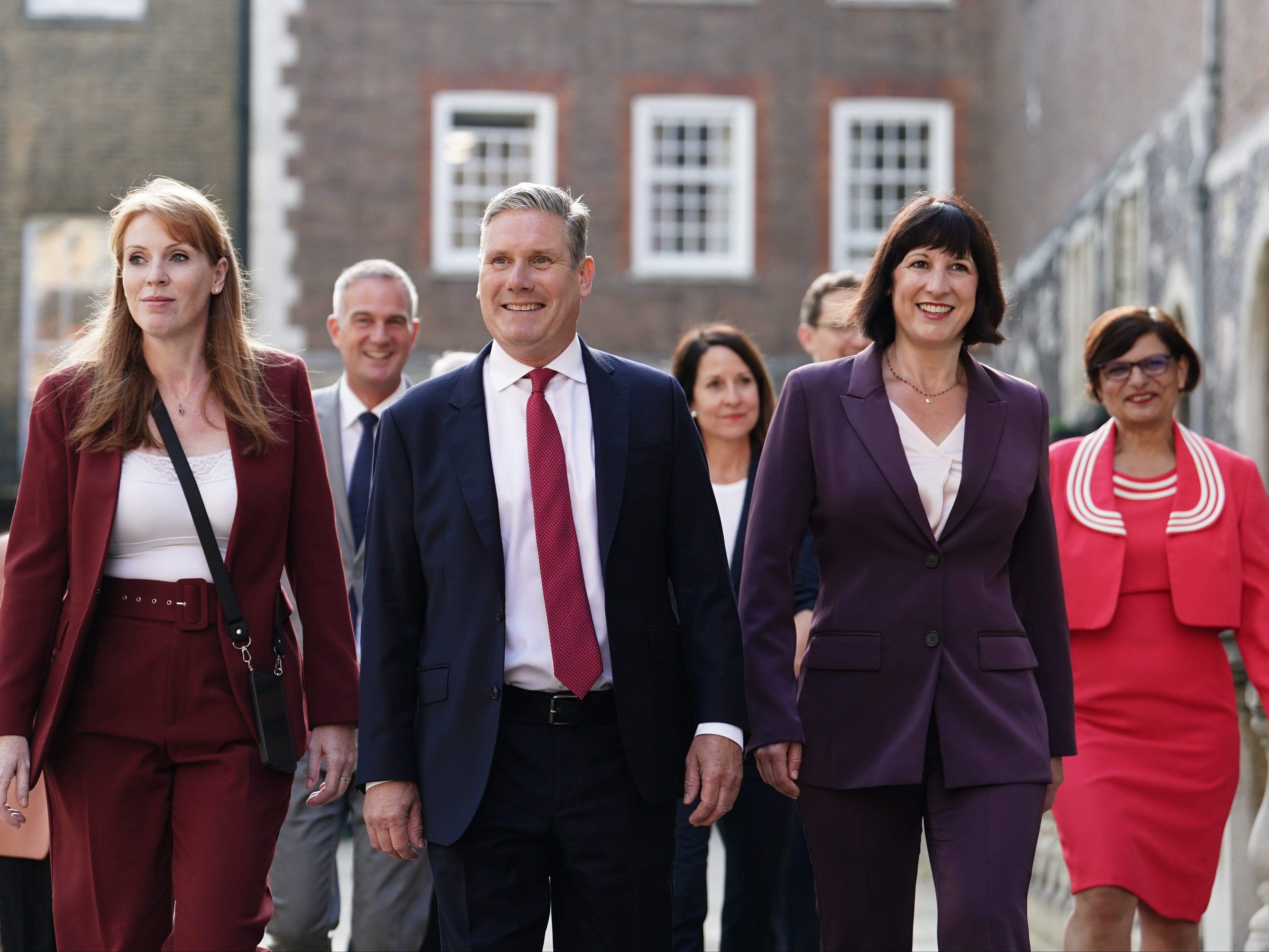 Sir Keir Starmer, with Angela Rayner (left) and Rachel Reeves, arriving with his shadow cabinet in central London