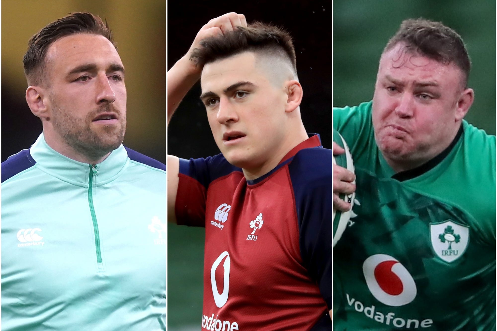 Jack Conan (left), Dan Sheehan (centre) and Dave Kilcoyne are ruled out for Ireland (Mike Egerton/Donall Farmer/Niall Carson/PA)