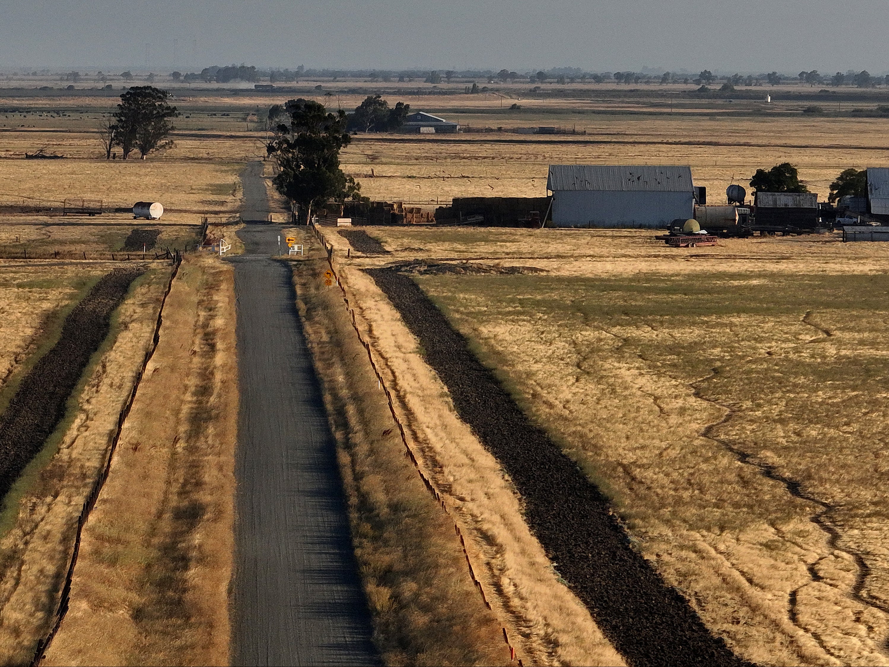 An aerial view of the farmland surrounding Travis Air Force Base near Rio Vista