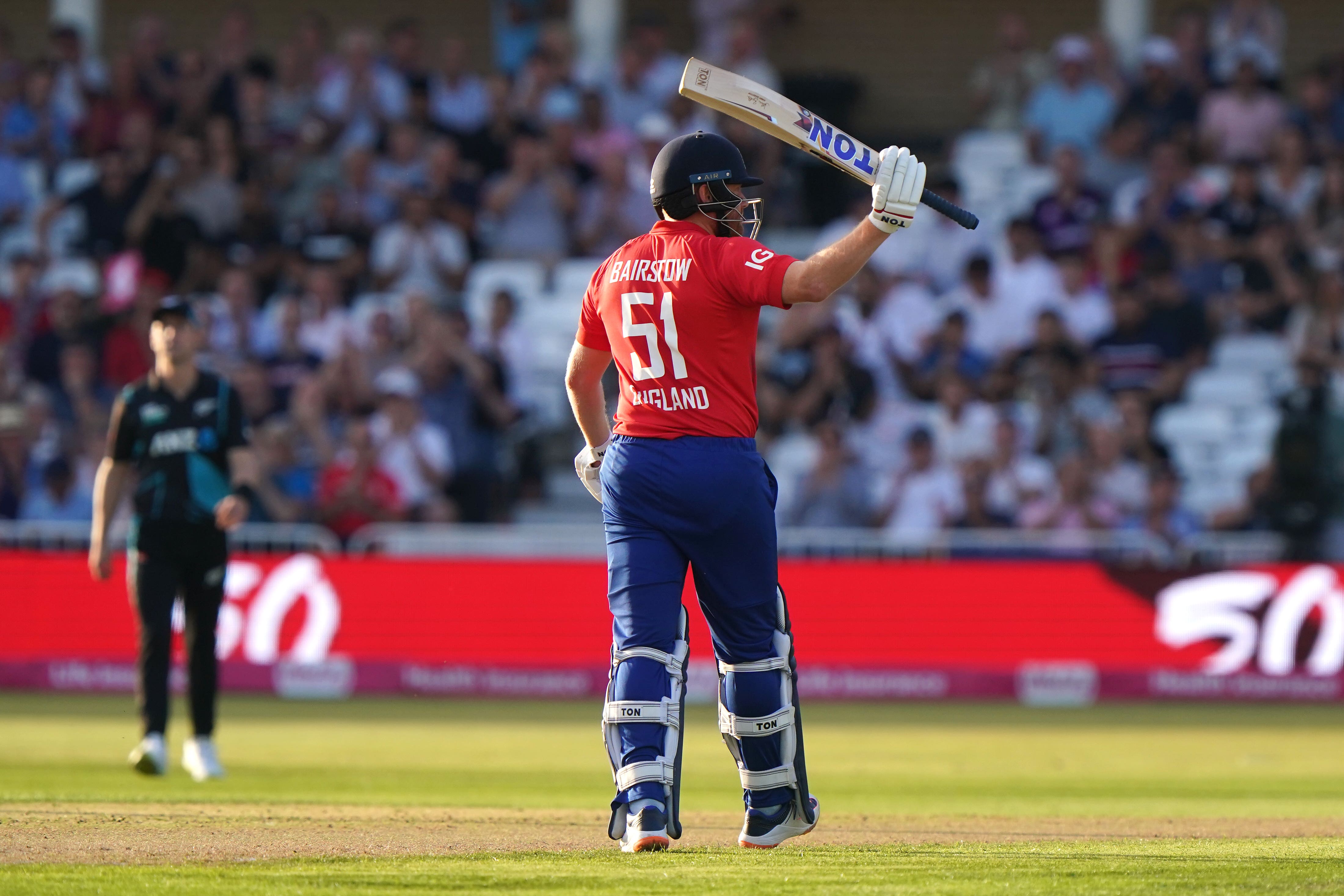 Jonny Bairstow celebrates reaching a half century (Tim Goode/PA)