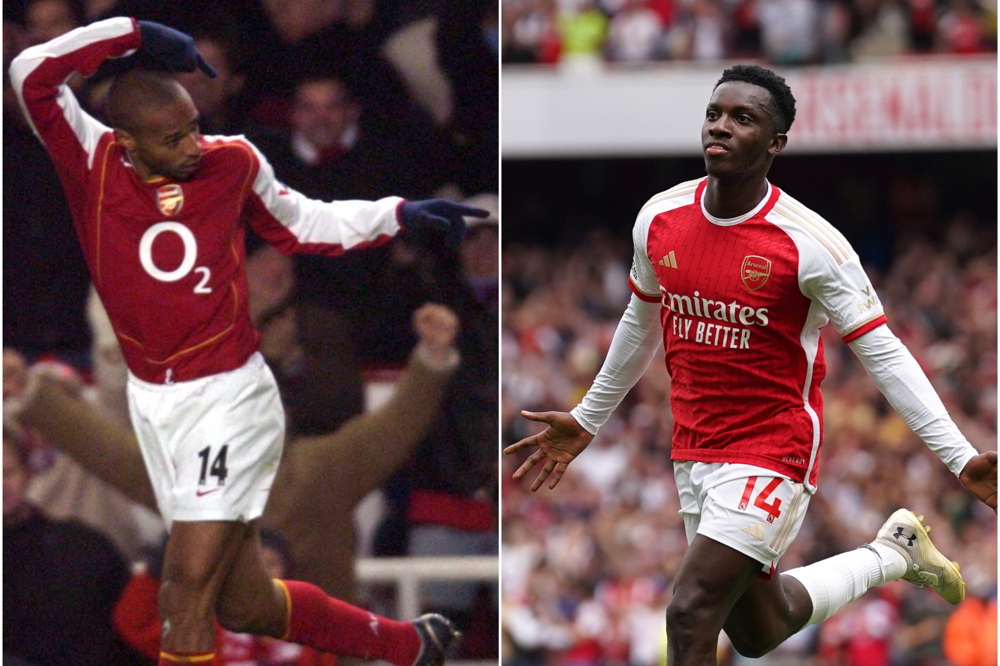 Eddie Nketiah, right, was inspired by Thierry Henry in his early days at Arsenal (Rebecca Naden/Adam Davy/PA)