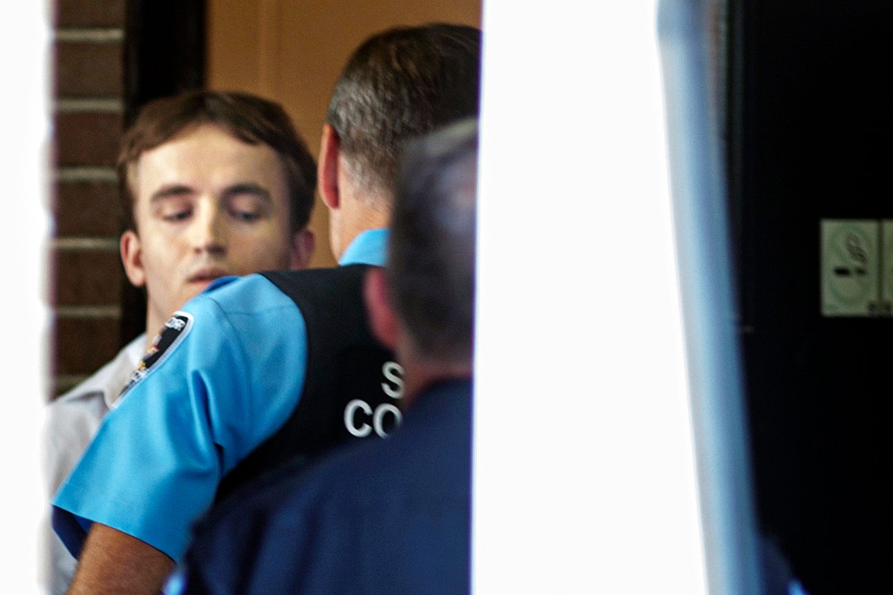 Nathaniel Veltman is escorted while leaving trial outside Ontario Superior Court in Windsor, Ontario, Tuesday, 5 September 2023