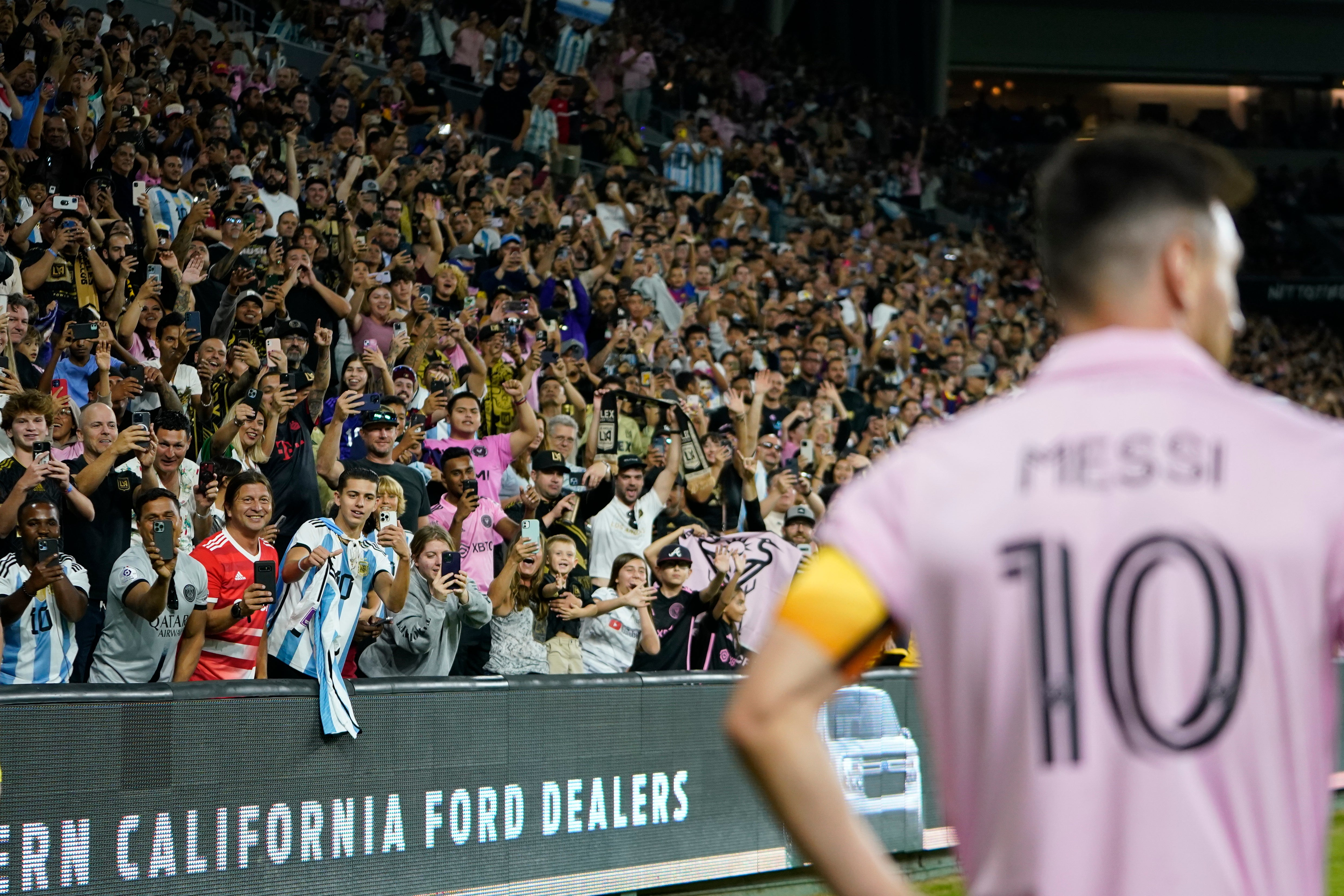 Fans in Los Angeles are transfixed on Messi as he prepares to take a corner