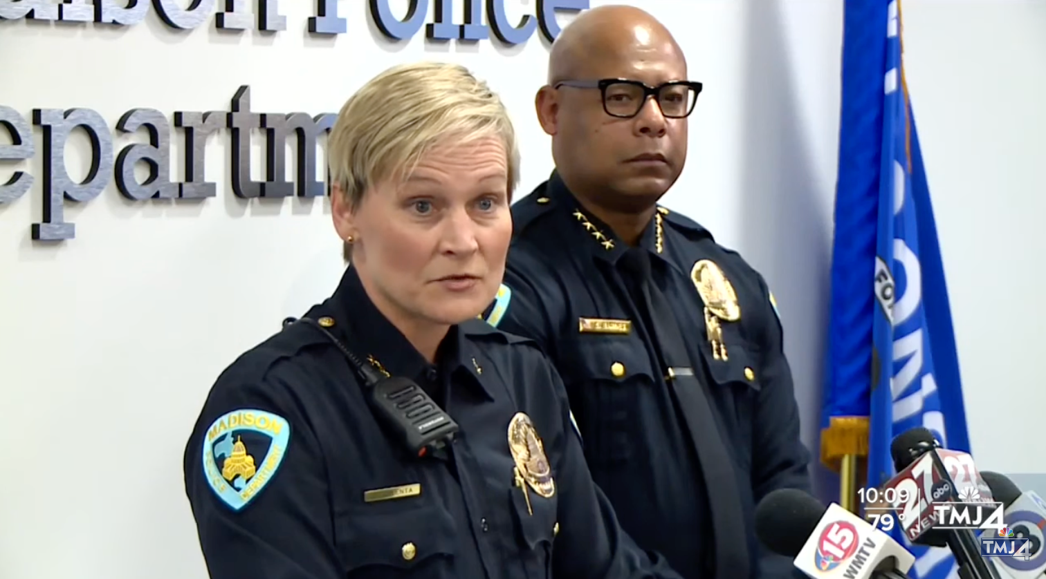 Madison Police Chief Shon Barnes and Assistant Chief Paige Valenta during a press conference on Wednesday