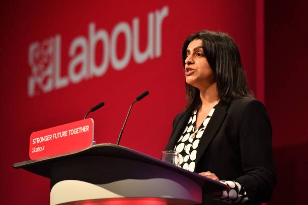 File: Shabana Mahmood speaks on stage on the second day of the annual Labour Party conference in Brighton, on the south coast of England on 26 September 2021