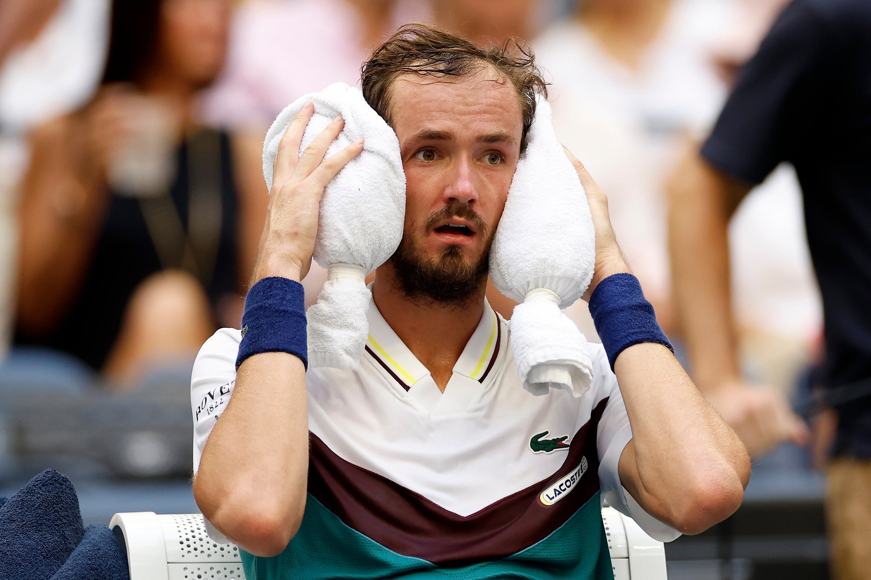 Daniil Medvedev tries to cool down between sets at the US Open