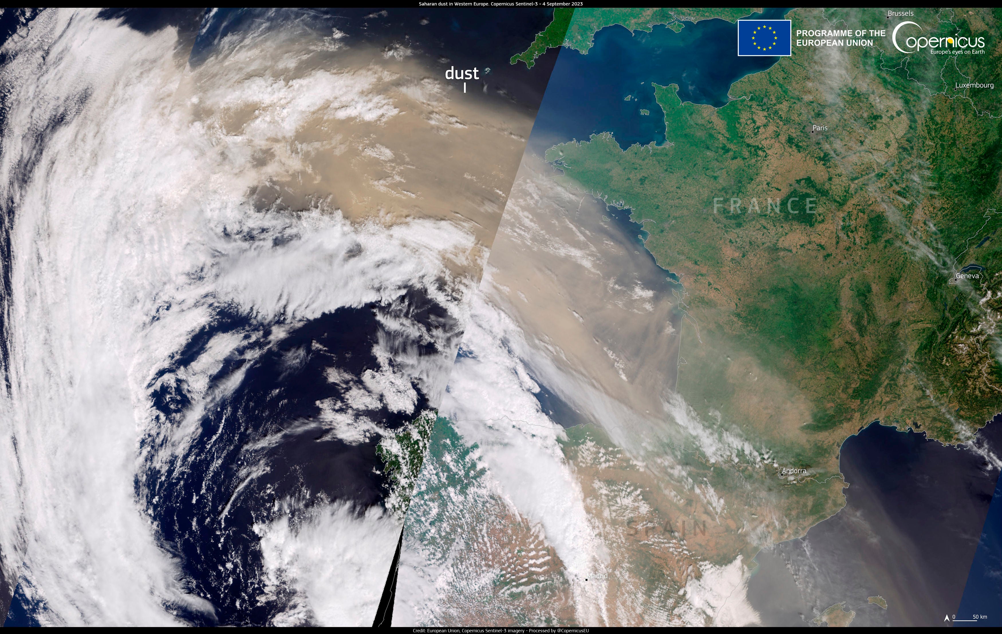 The dust cloud was captured on satellite imagery moving across the Medierranean to the UK