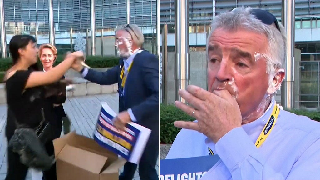 Ryanair chairman Michael O’Leary splattered with pies by Belgian eco-activists