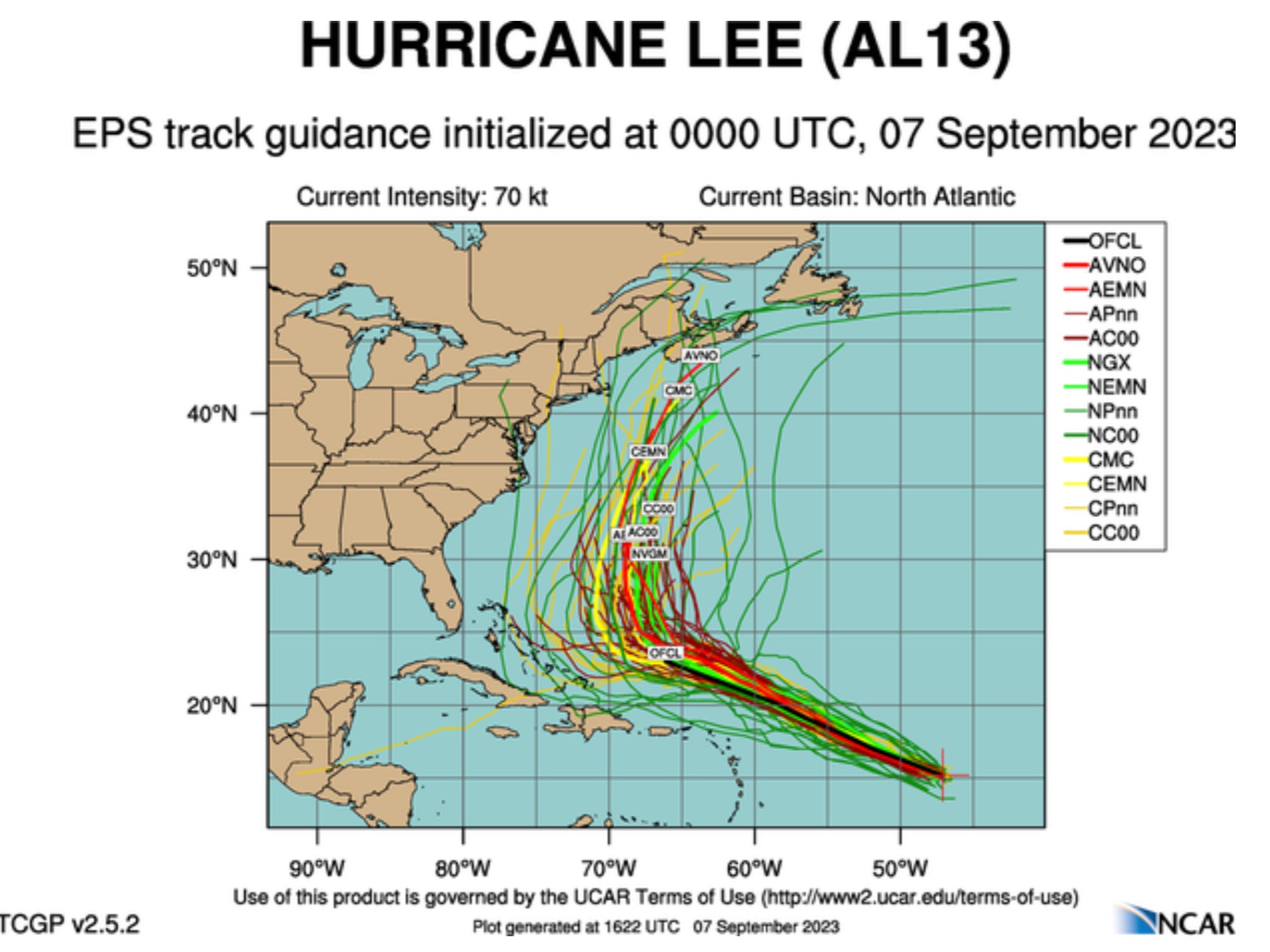 A spaghetti model showing Hurricane Lee’s likely paths