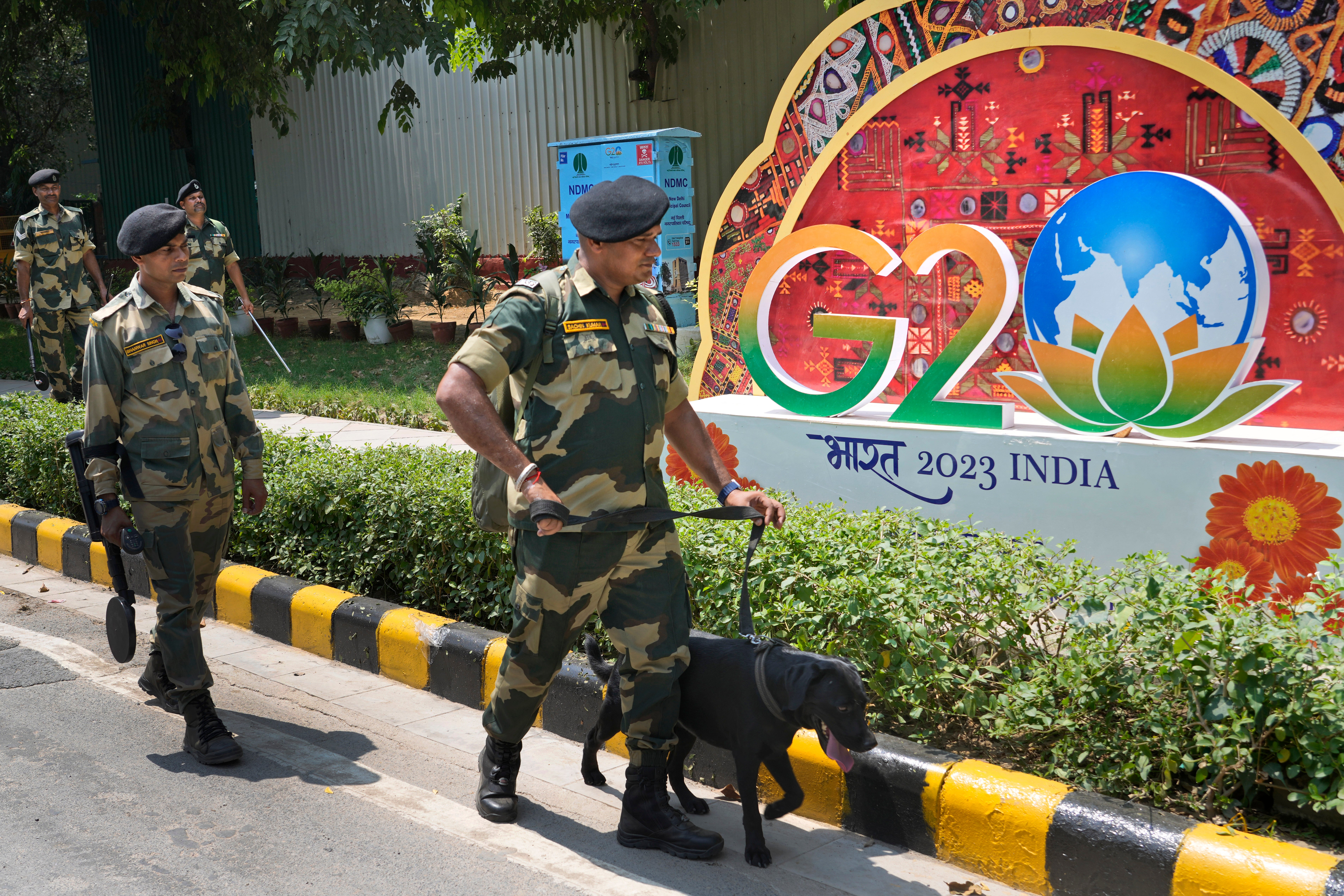 Soldiers patrol the grounds of the Group of 20 summit, taking place this weekend in New Delhi, India