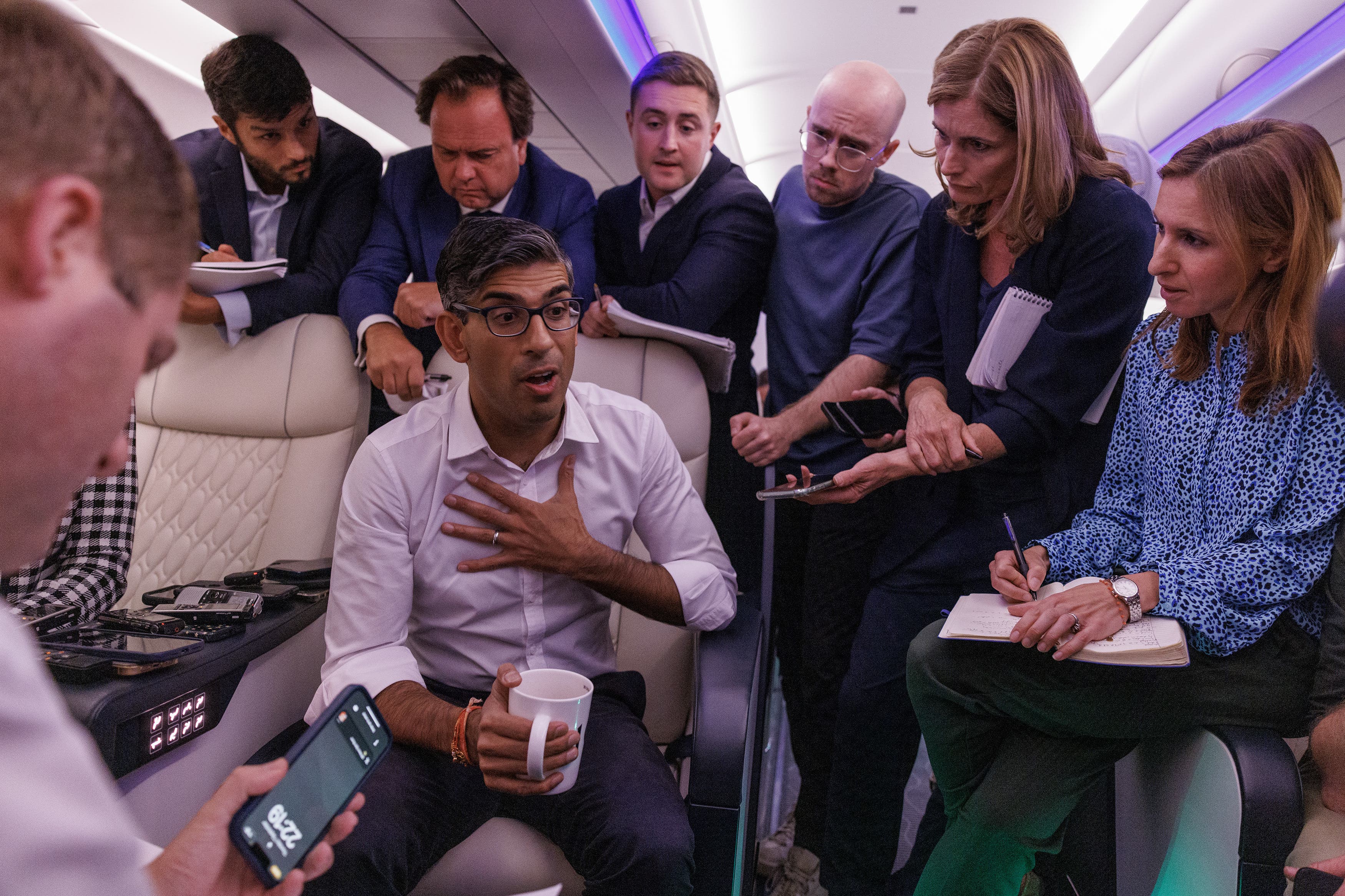 Prime Minister Rishi Sunak holds a ‘huddle’ press conference with political journalists (Dan Kitwood/PA)