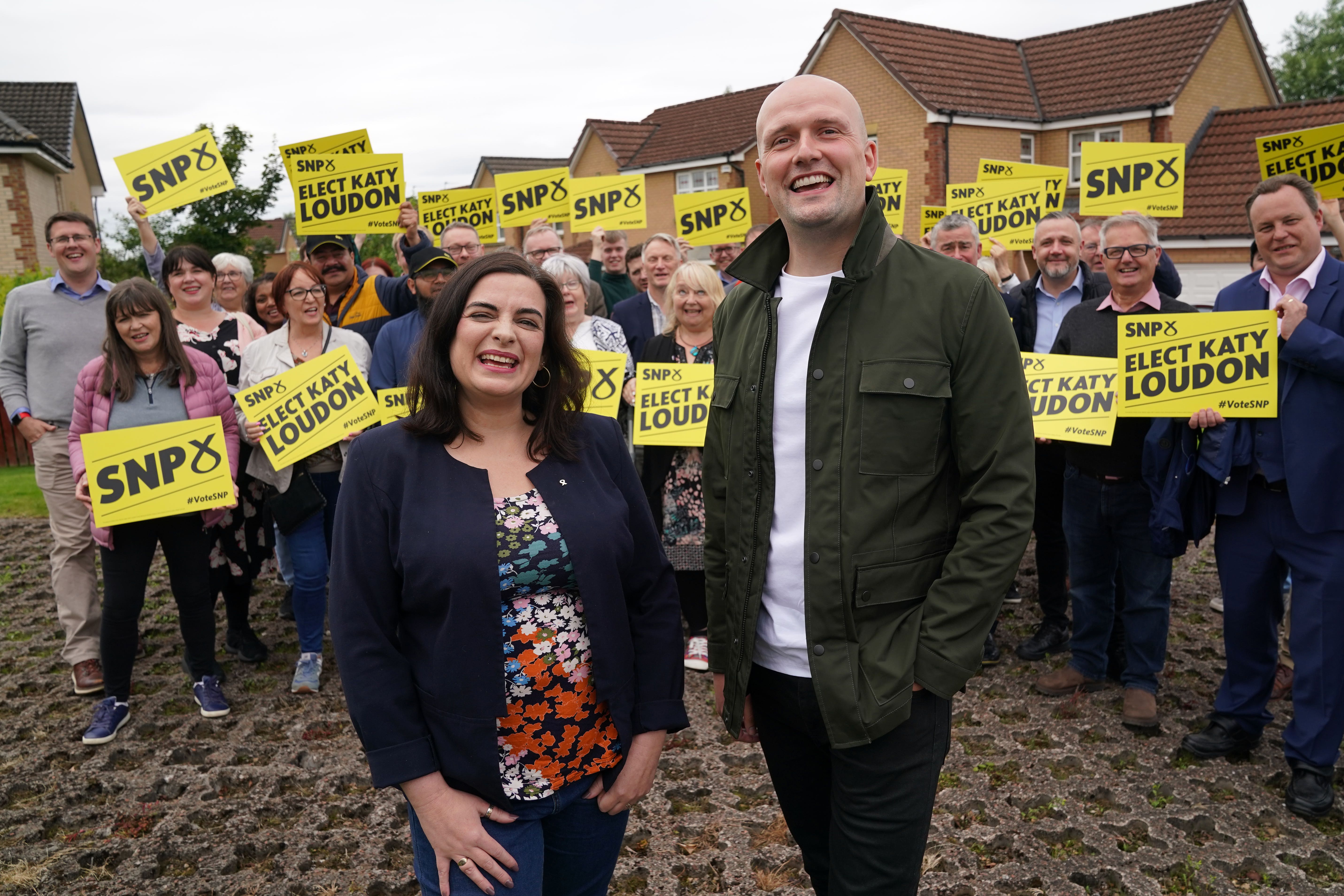 SNP Westminster leader Stephen Flynn (right) with candidate for Rutherglen and Hamilton West Katy Loudon (Andrew Milligan/PA)