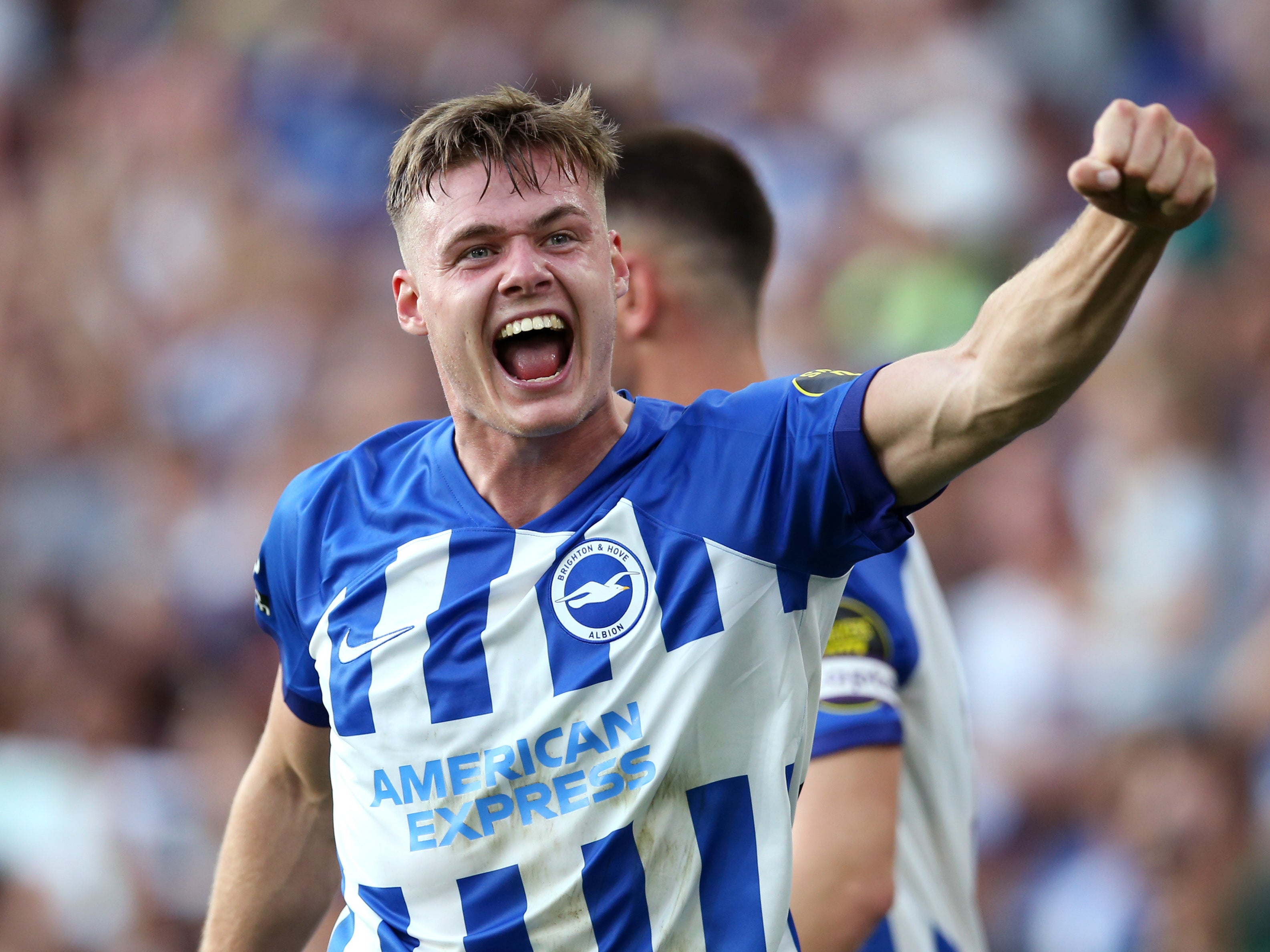 Evan Ferguson of Brighton & Hove Albion celebrates after scoring against Newcastle