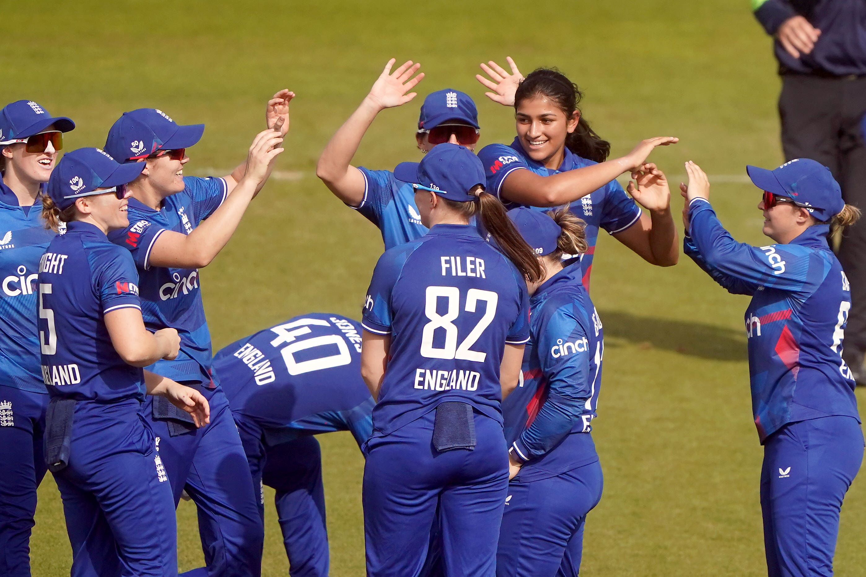 Mahika Gaur, second right, helped England to victory on Saturday (Owen Humphreys/PA)