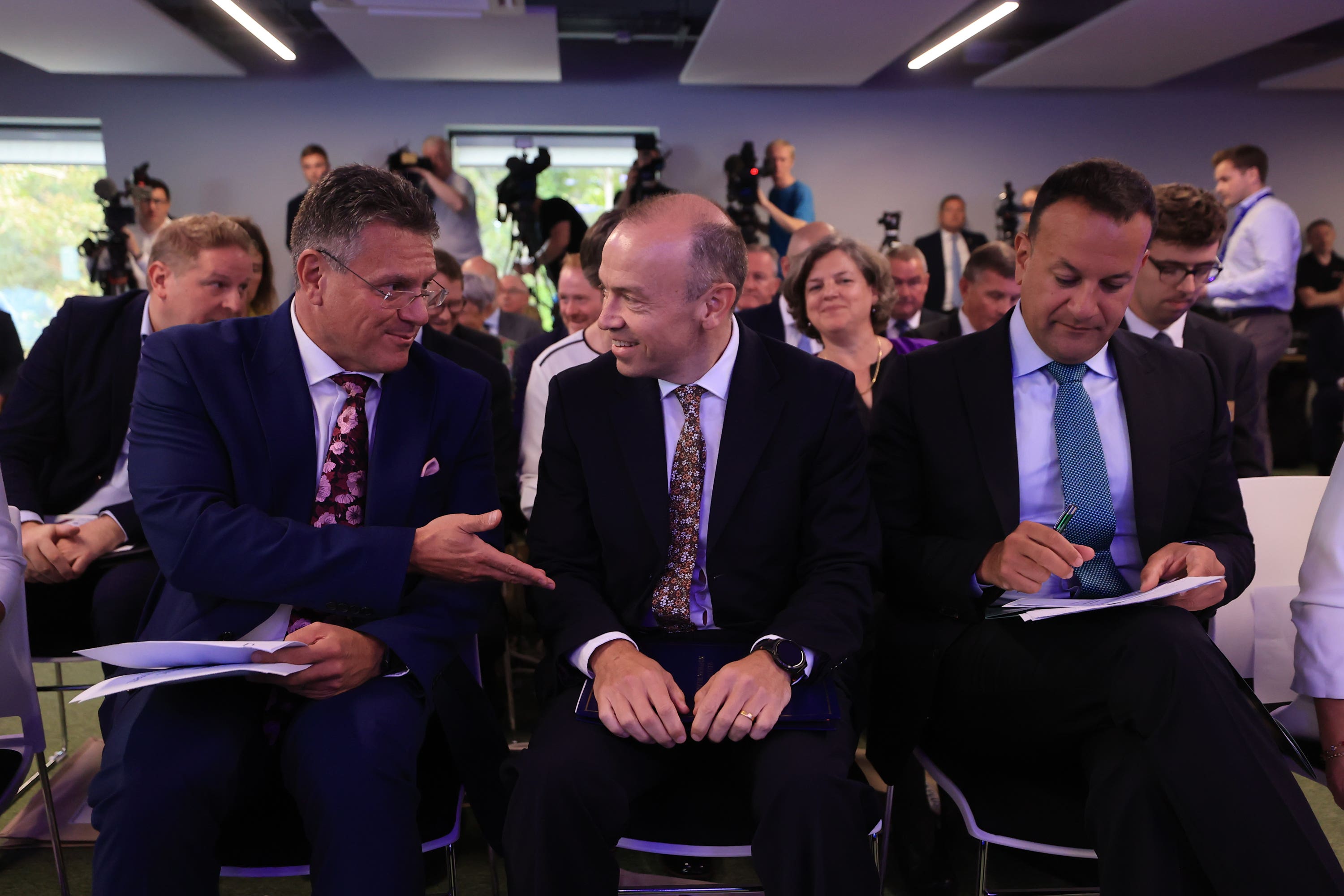 European Commission vice-president Maros Sefcovic with Northern Ireland Secretary Chris Heaton-Harris and Irish premier Leo Varadkar (Liam McBurney/PA)