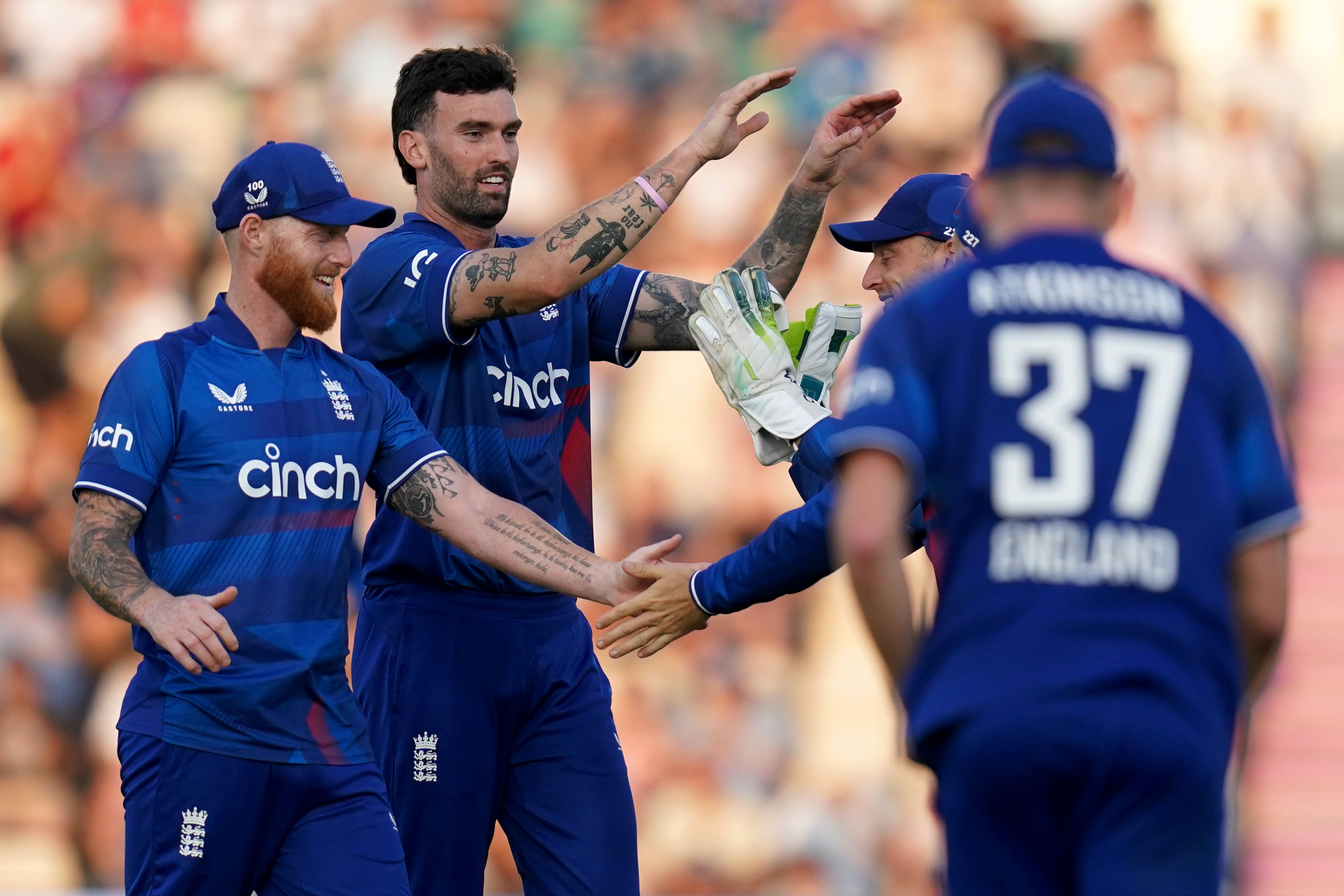 Reece Topley, second left, was back among the wickets on Sunday (John Walton/PA)