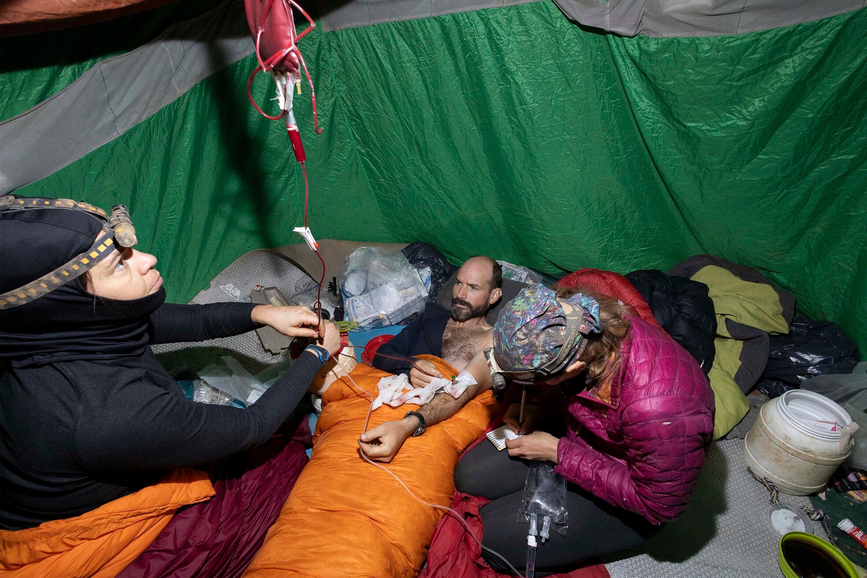 A medical team takes care of American caver Mark Dickey, center, 40, inside the Morca cave near Anamur, southern Turkey, Saturday, Sept. 9, 2023.