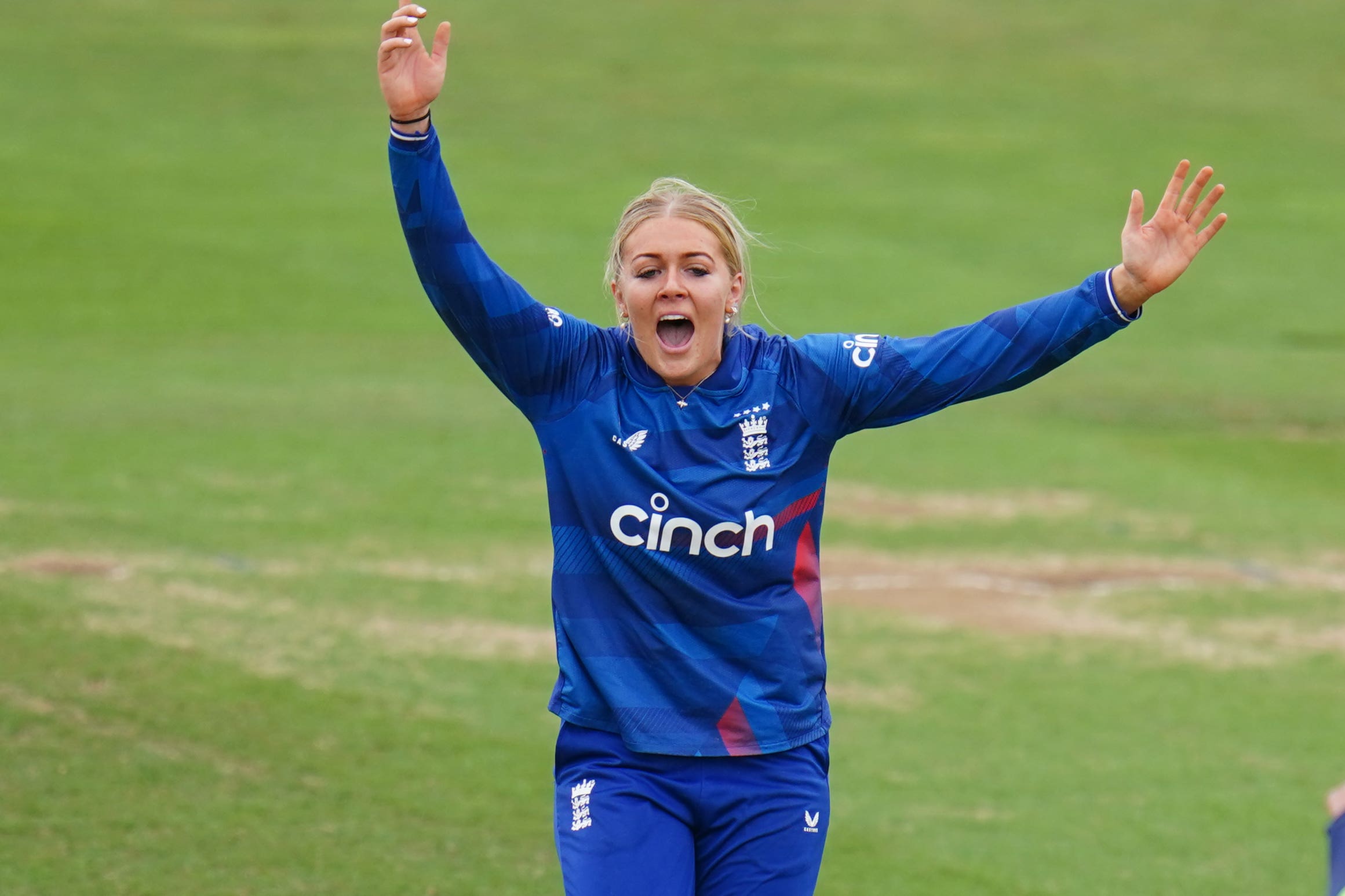 England bowler Sarah Glenn celebrates trapping Sri Lanka batter Oshadi Ranasinghe (Nick Potts/PA)