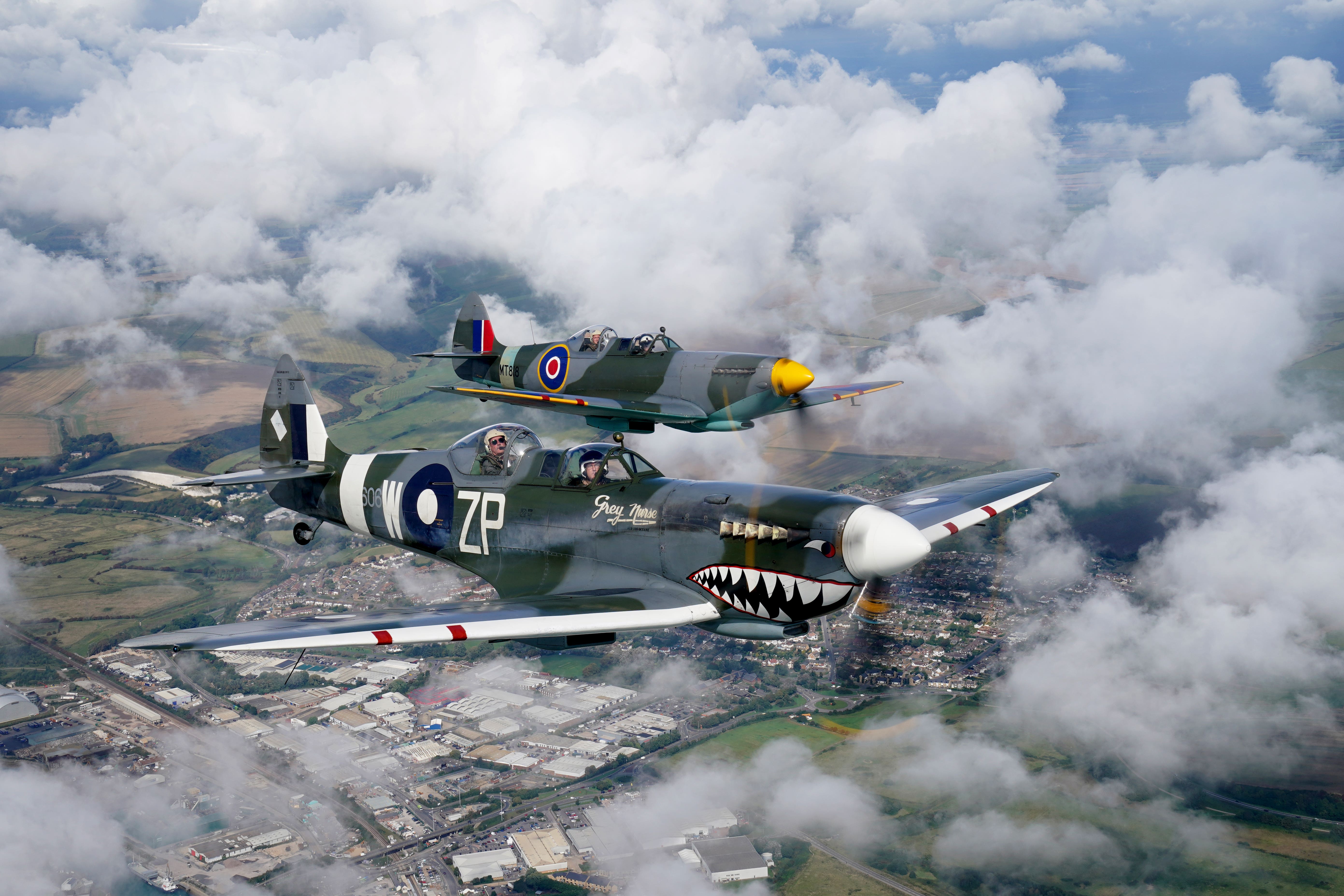 Chelsea Pensioner Mike Smith in the rear of one of two Spitfires flying over Sussex during a surprise flight organised by the Taxi Charity for Military Veterans (Gareth Fuller/PA)