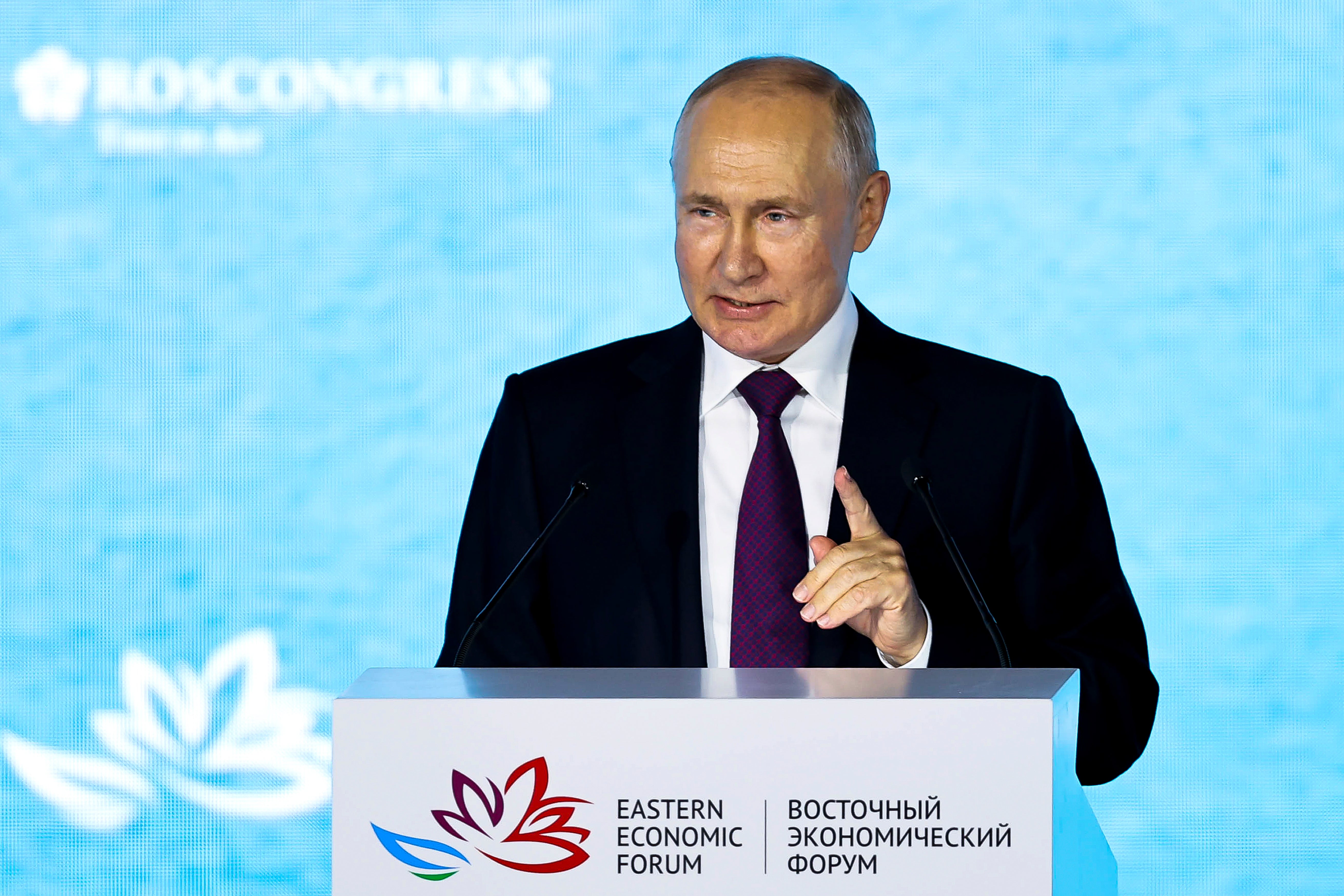 In this photo released by Roscongress Foundation, Russian President Vladimir Putin addresses a plenary session of the Eastern Economic Forum in Vladivostok, Russia, Tuesday, Sept. 12, 2023.