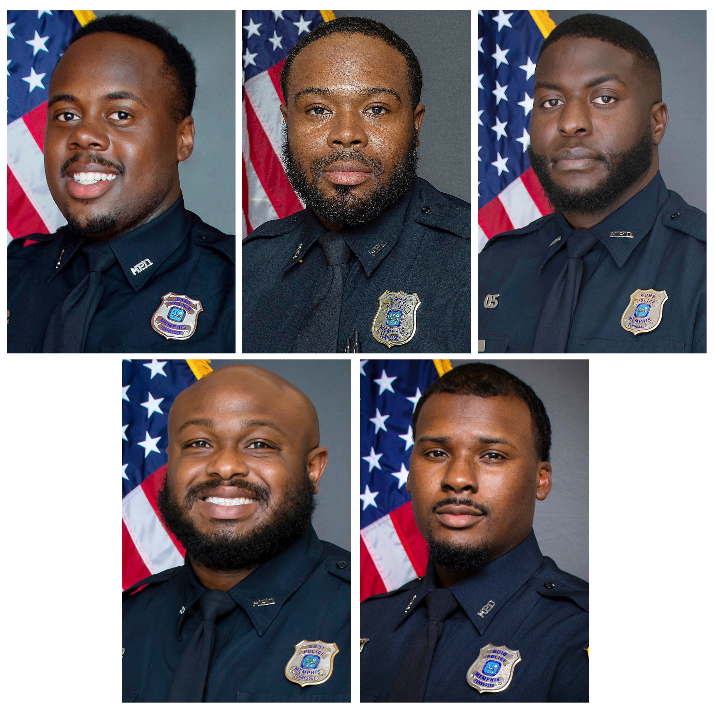 Top row from left, now-former Memphis Police Department officers Tadarrius Bean, Demetrius Haley, Emmitt Martin III, and bottom row from left, Desmond Mills Jr and Justin Smith.