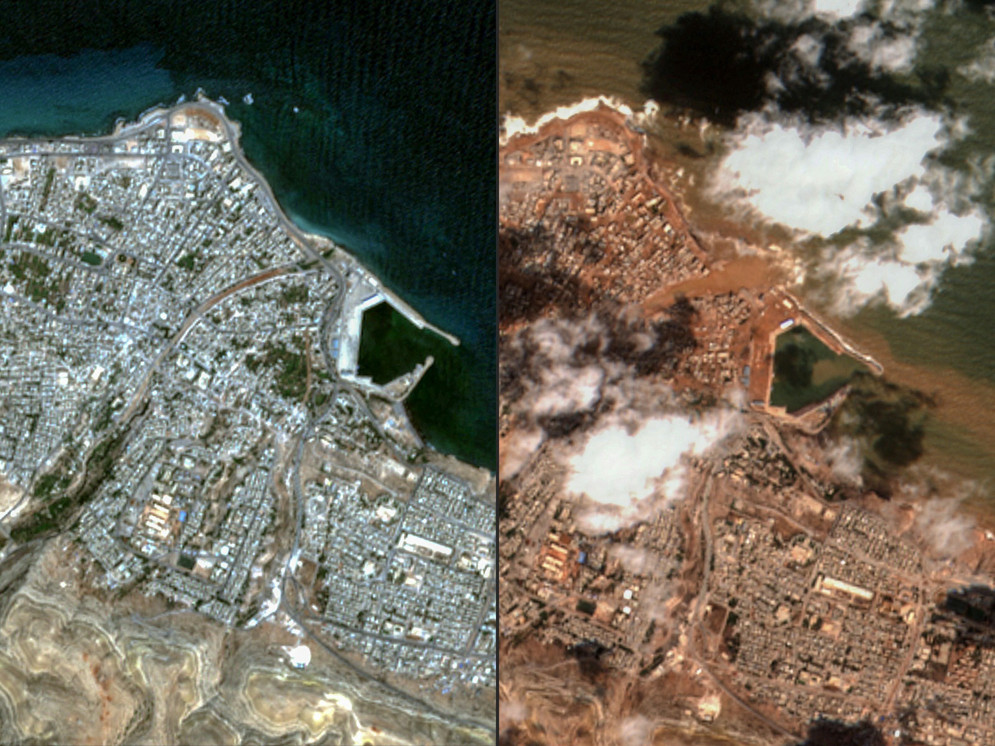 This combination of handout satellite images released by Maxar Technology and created on September 13, 2023, shows (L) an overview of Libya’s eastern city of Derna before the flash floods on 7 September 2023