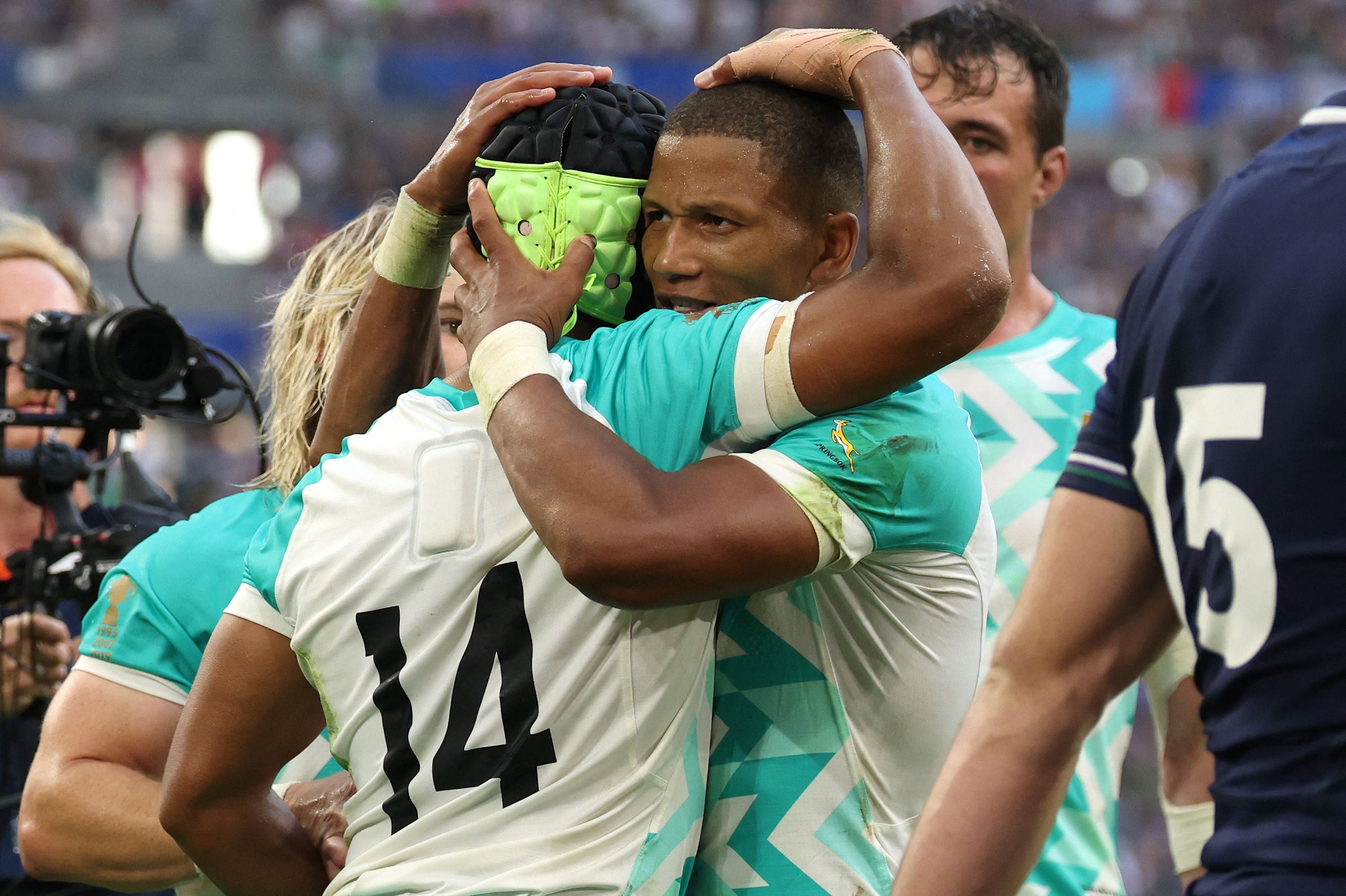 South Africa’s wing Kurt-Lee Arendse celebrates after scoring a try against Scotland