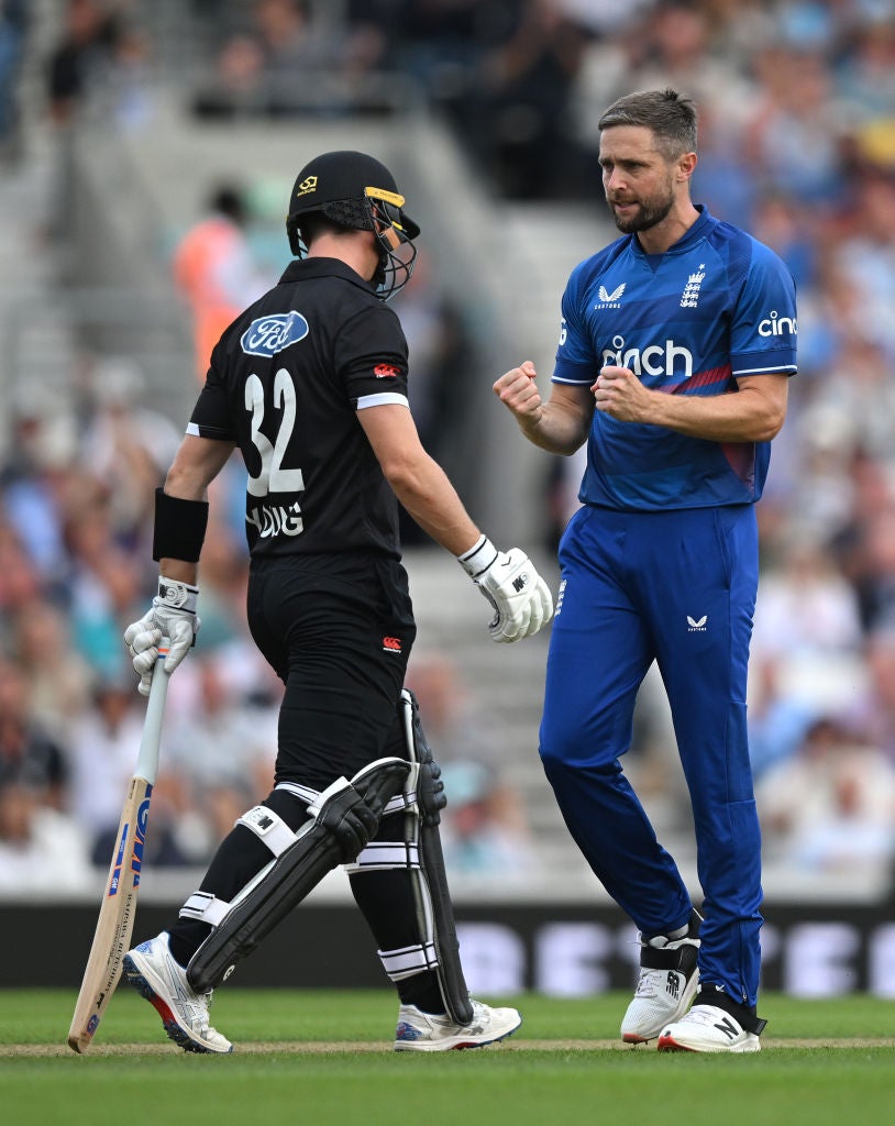 Chris Woakes has two wickets at the start of the New Zealand innings