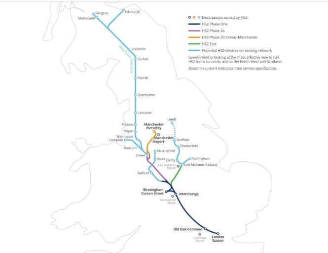 The latest HS2 project map shows the 2a and 2b phases which have been scrapped