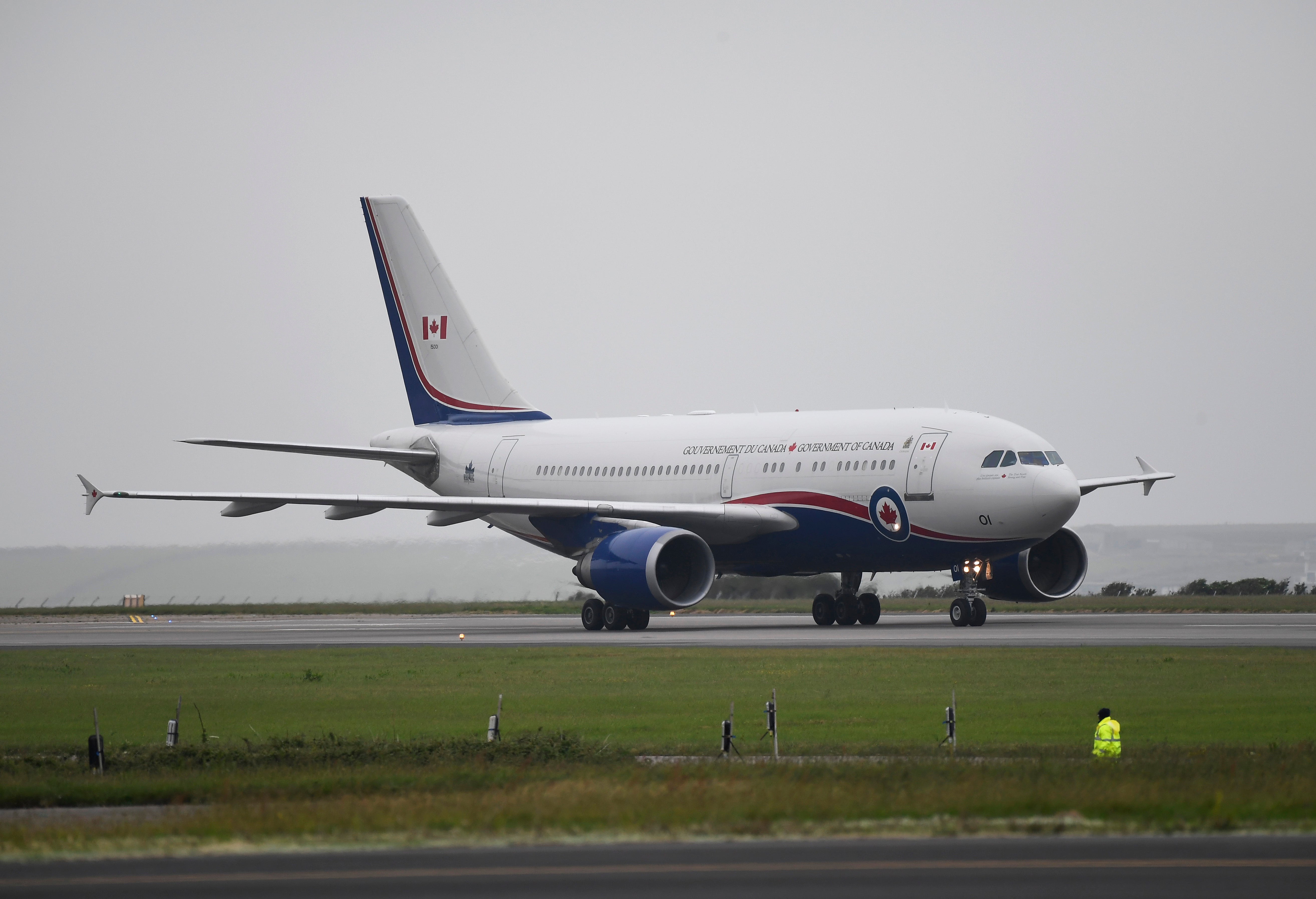 Canadian prime minister Justin Trudeau’s plane touches down at Cornwall airport in Newquay, England on 11 June