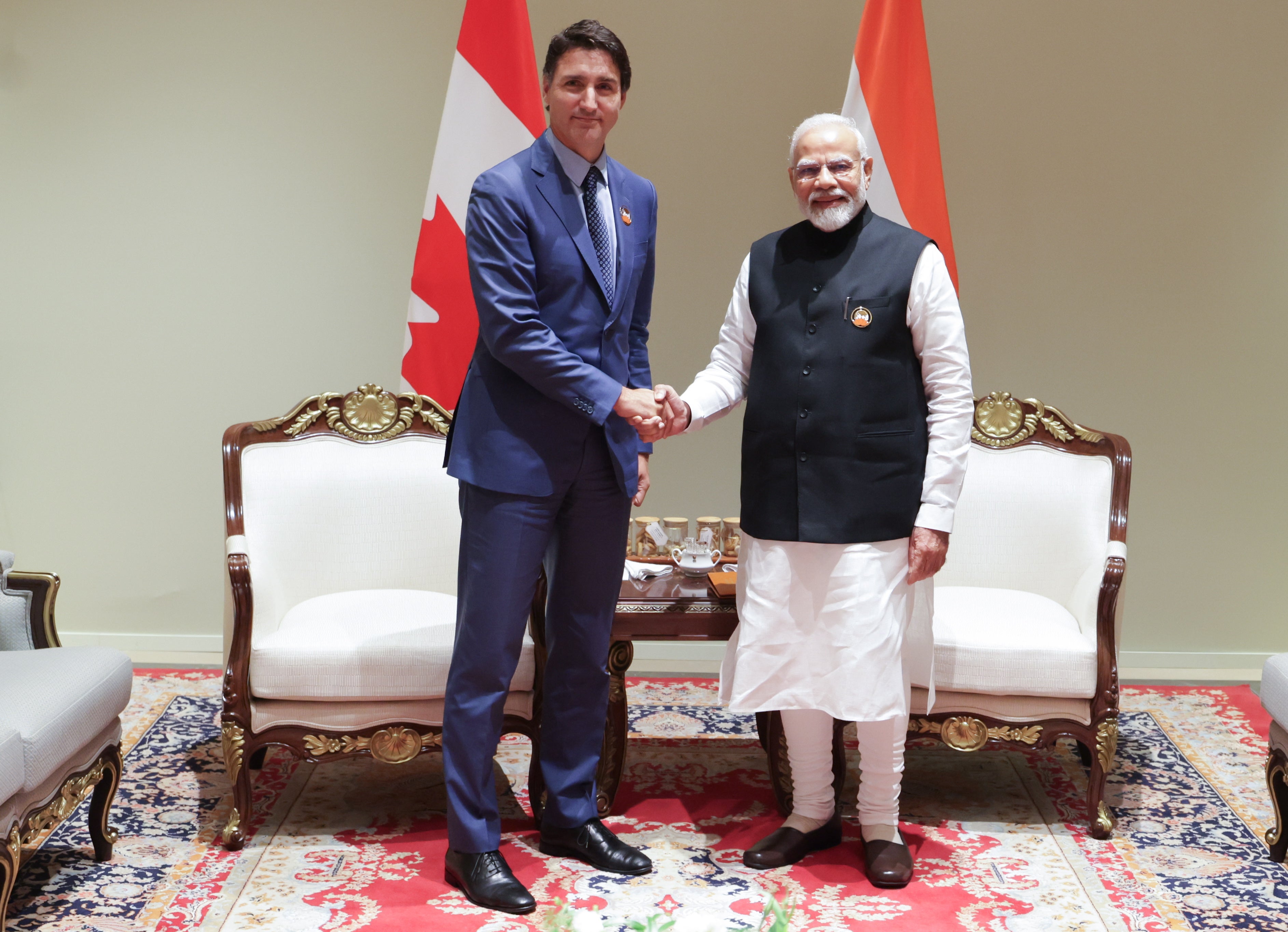 A handout picture shows Indian prime minister Narendra Modi during a bilateral discussion with Justin Trudeau in New Delhi on 10 September