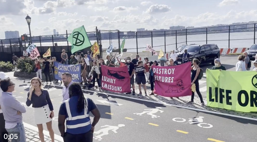 Extinction Rebellion protesters blockaded the entrance to the West 30th St heliport in New York City on Wednesday